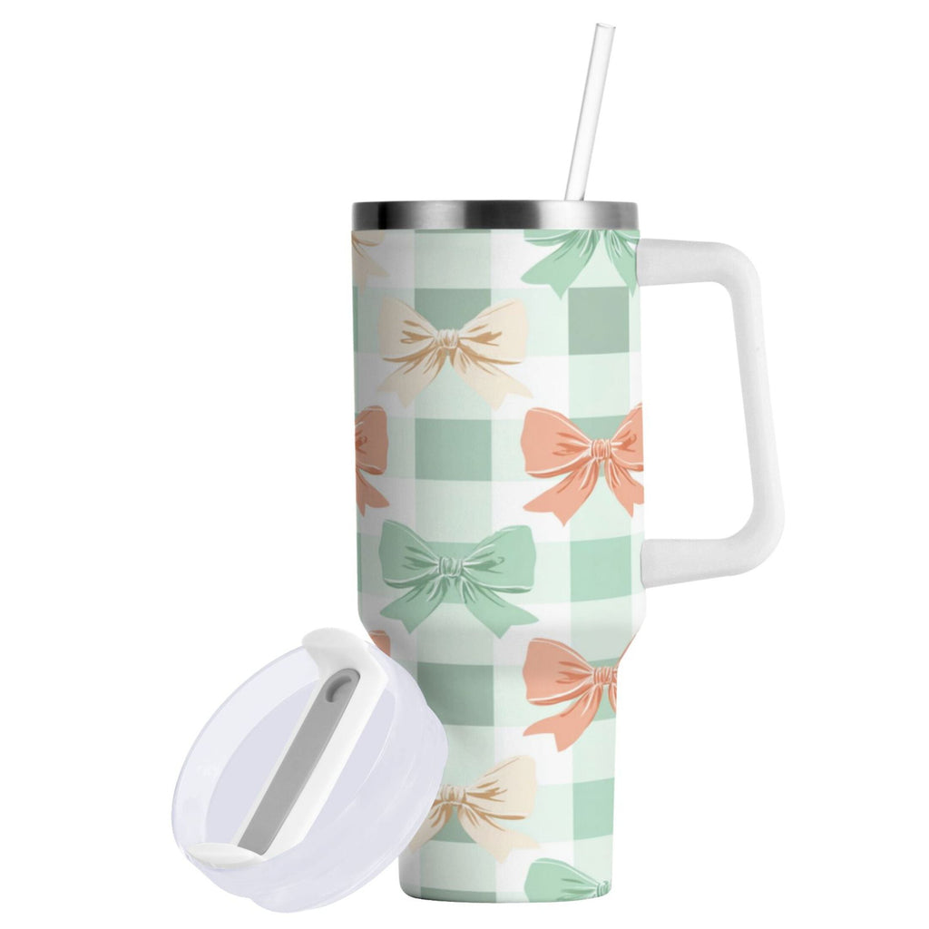 40 oz Insulated Stainless Steel Tumbler Double Wall Stainless Steel Tumbler with 2-Way Drinking Green and Peach Bow Pattern