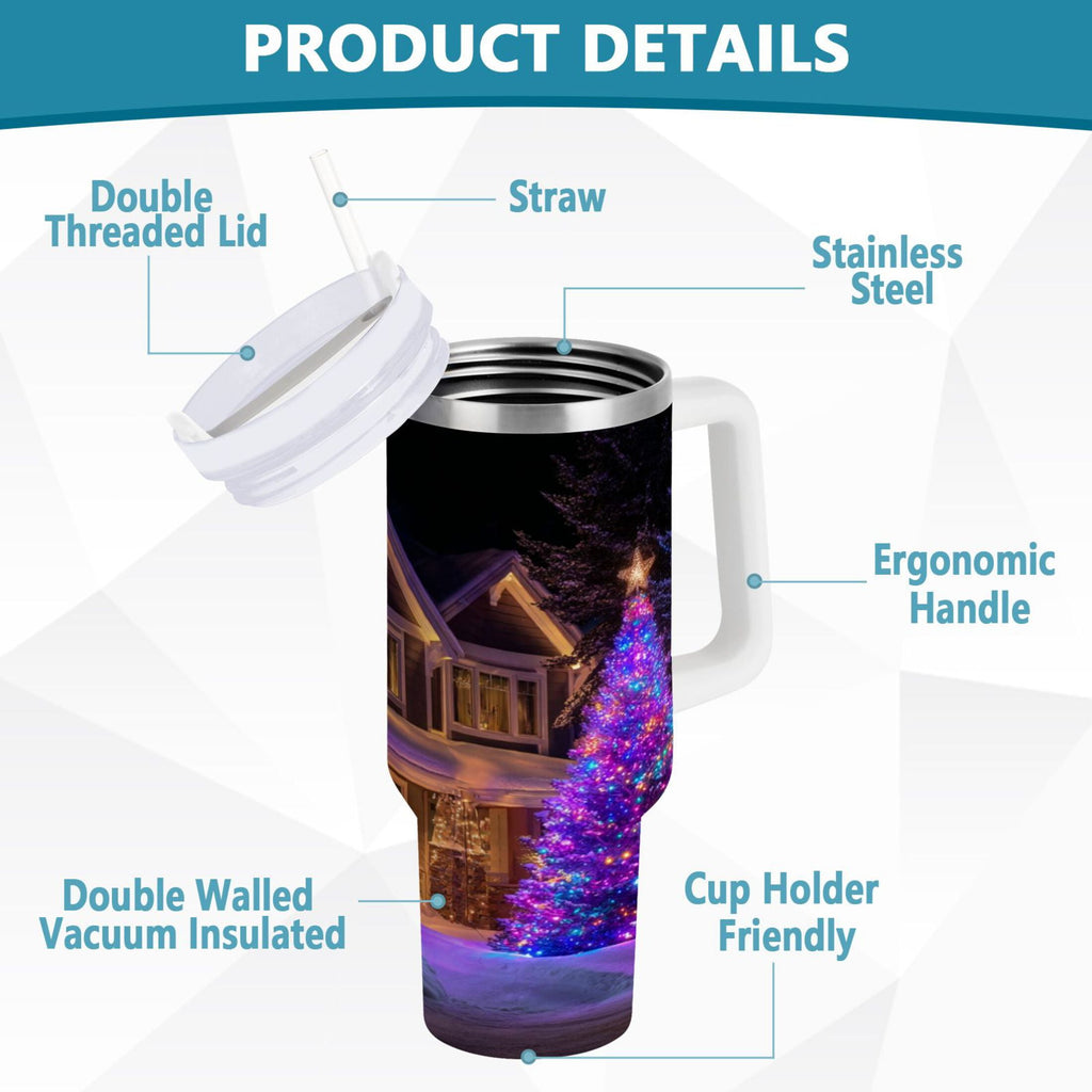 40 oz Insulated Stainless Steel Tumbler Double Wall Stainless Steel Tumbler with 2-Way Drinking Christmas Trees with Lights