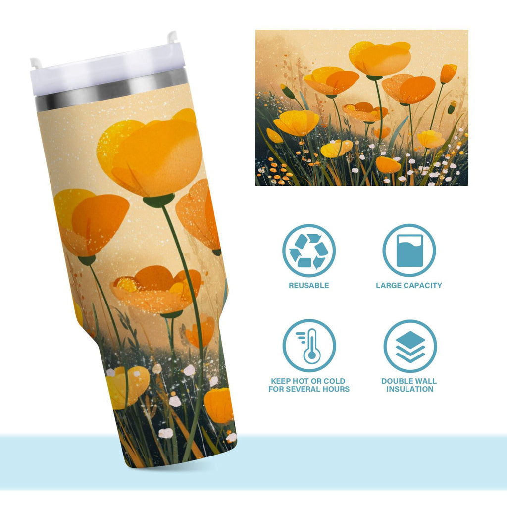 30 oz Insulated Stainless Steel Tumbler Double Wall Stainless Steel Tumbler with 2-Way Drinking Yellow Flowers on The Grass