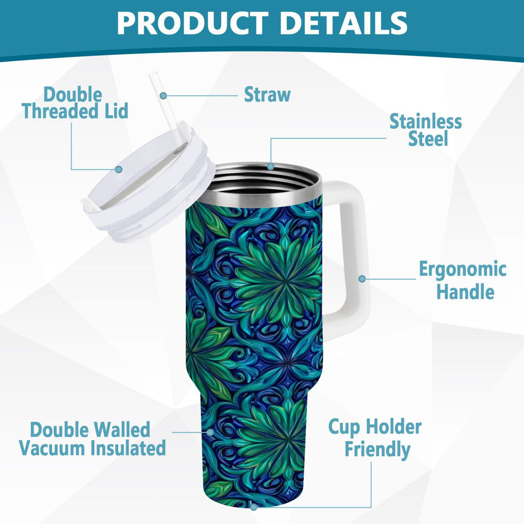 40 oz Insulated Stainless Steel Tumbler Double Wall Stainless Steel Tumbler with 2-Way Drinking Elegant Blue Traditional Patterns