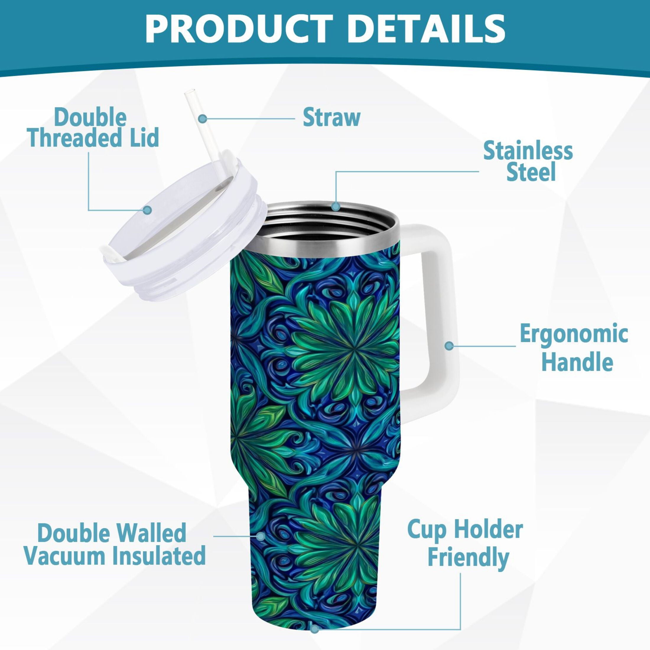 40 oz Insulated Stainless Steel Tumbler Double Wall Stainless Steel Tumbler with 2-Way Drinking Elegant Blue Traditional Patterns