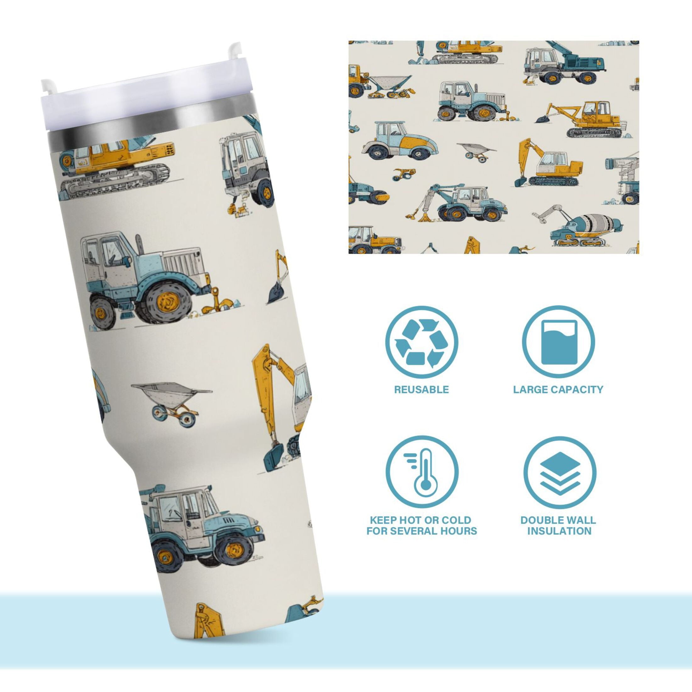 30 oz Insulated Stainless Steel Tumbler Double Wall Stainless Steel Tumbler with 2-Way Drinking Engineering Vehicle Pattern