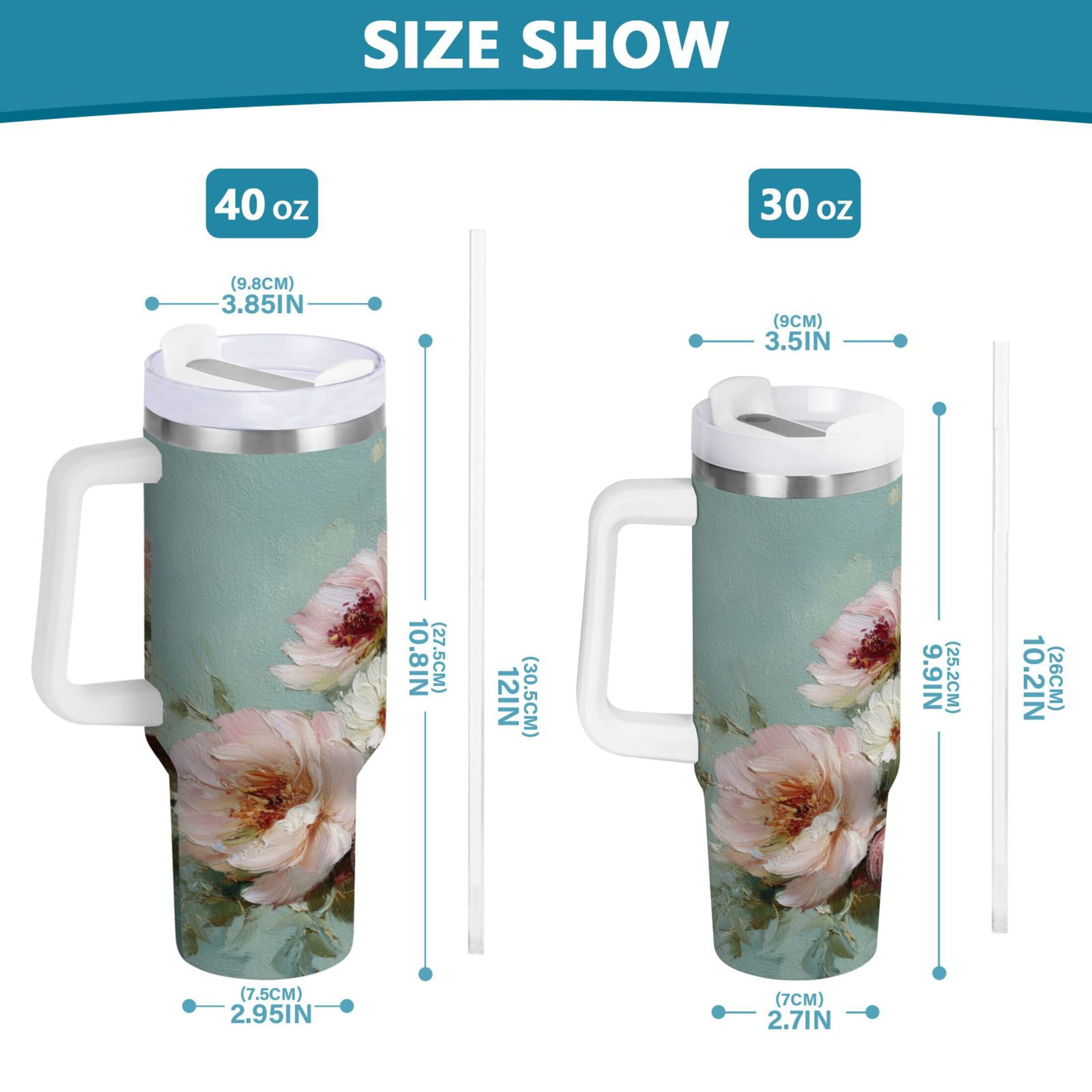 40 oz Insulated Stainless Steel Tumbler Double Wall Stainless Steel Tumbler with 2-Way Drinking Vintage Peonies and Daisies