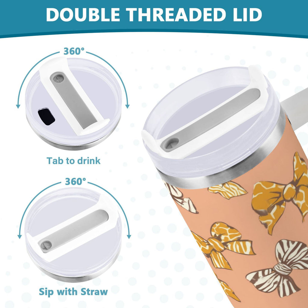 40 oz Insulated Stainless Steel Tumbler Double Wall Stainless Steel Tumbler with 2-Way Drinking Cute Animal Print Bows
