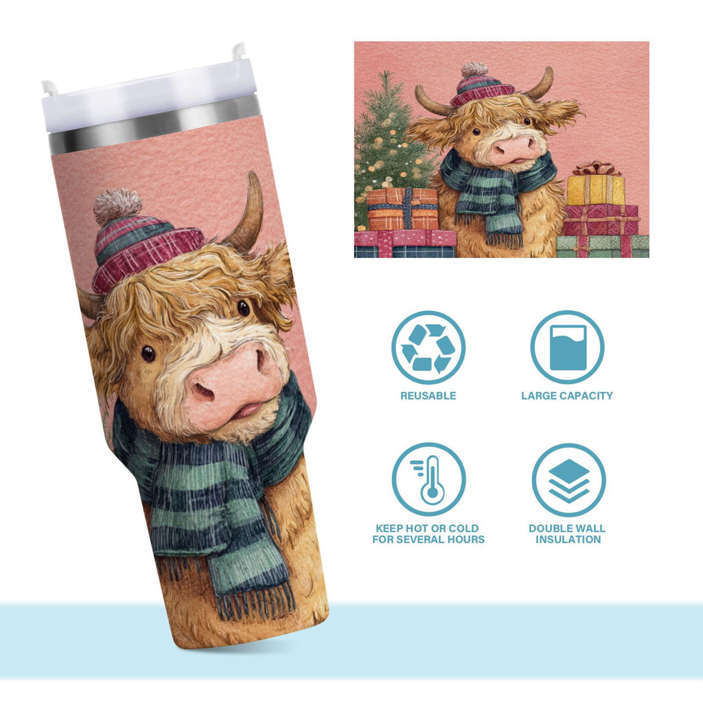 30 oz Insulated Stainless Steel Tumbler Double Wall Stainless Steel Tumbler with 2-Way Drinking Cow Wearing Scarf and Hat