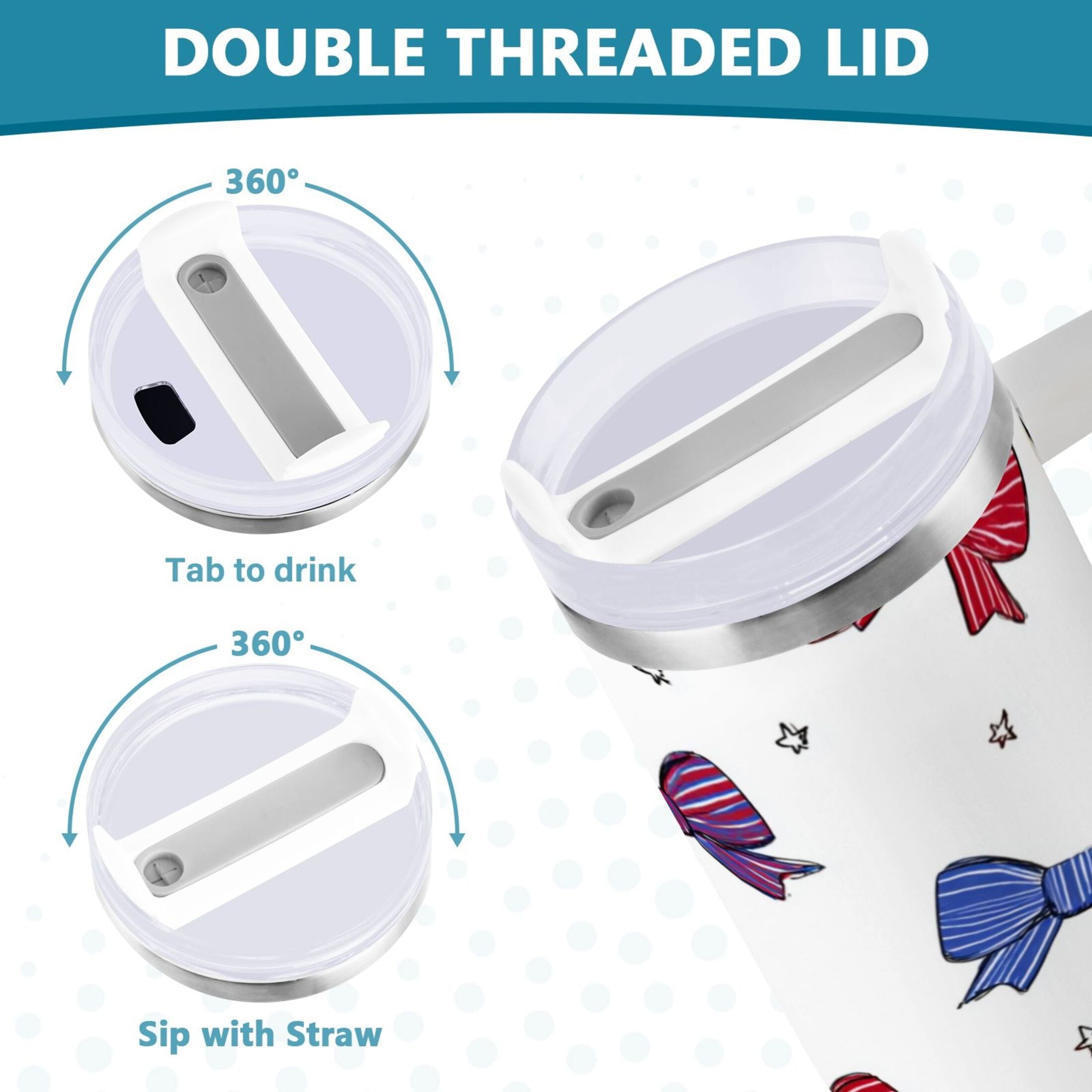 30 oz Insulated Stainless Steel Tumbler Double Wall Stainless Steel Tumbler with 2-Way Drinking Red and Blue Stripe Bows