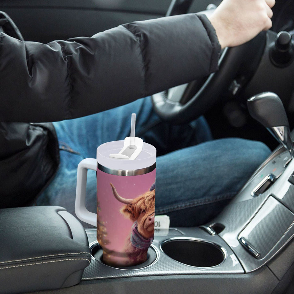 30 oz Insulated Stainless Steel Tumbler Double Wall Stainless Steel Tumbler with 2-Way Drinking Cow Wearing Christmas