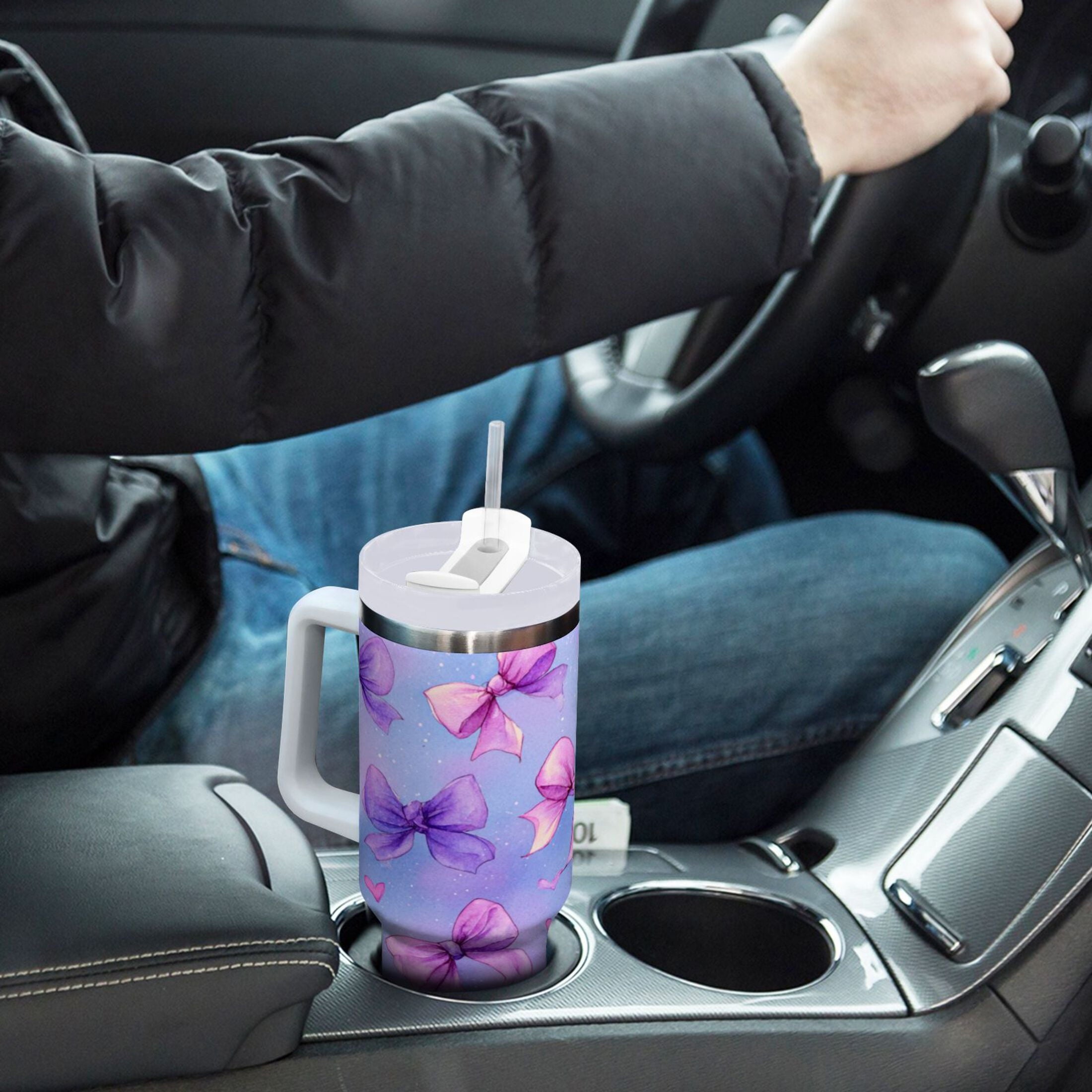 30 oz Insulated Stainless Steel Tumbler Double Wall Stainless Steel Tumbler with 2-Way Drinking Watercolor Bows Pattern