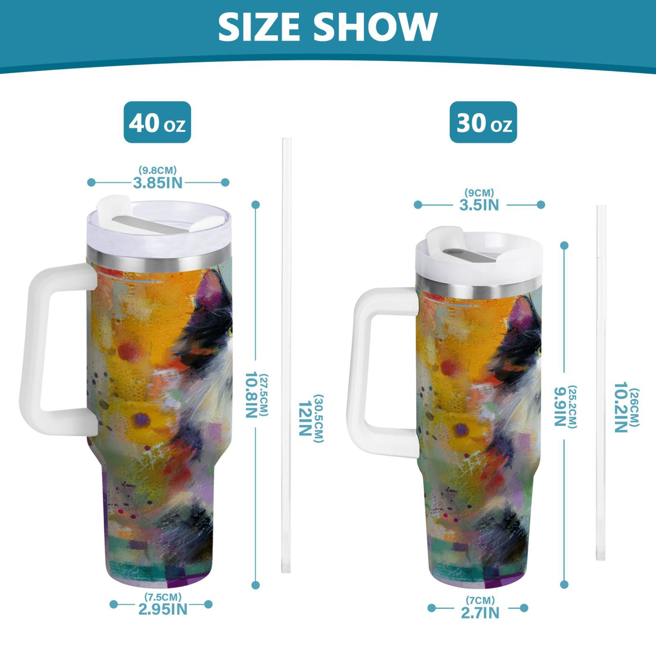 30 oz Insulated Stainless Steel Tumbler Double Wall Stainless Steel Tumbler with 2-Way Drinking Charming Hairy Cat