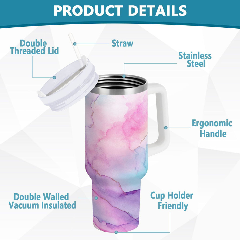 30 oz Insulated Stainless Steel Tumbler Double Wall Stainless Steel Tumbler with 2-Way Drinking Pastel Pink Marble Texture