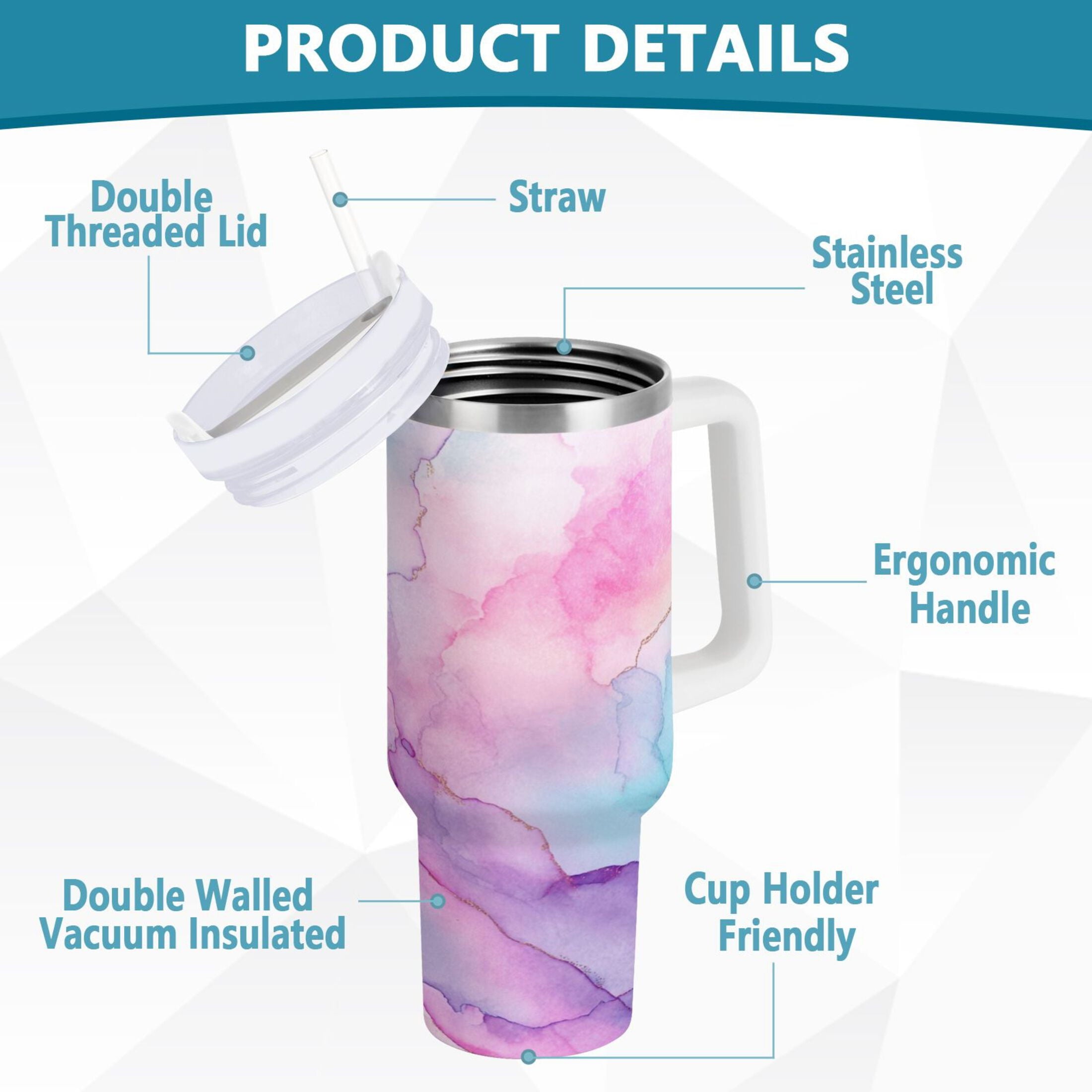 30 oz Insulated Stainless Steel Tumbler Double Wall Stainless Steel Tumbler with 2-Way Drinking Pastel Pink Marble Texture