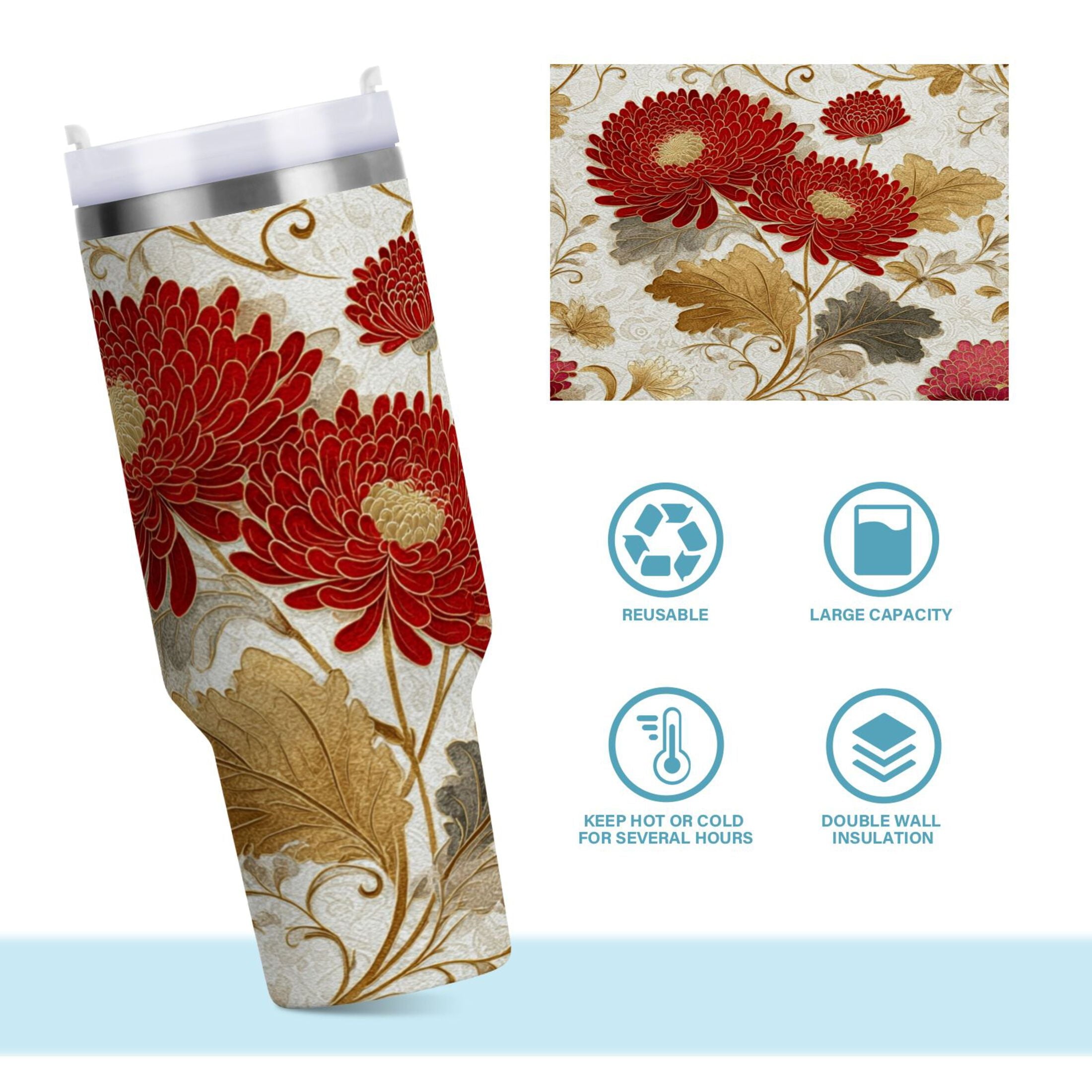 30 oz Insulated Stainless Steel Tumbler Double Wall Stainless Steel Tumbler with 2-Way Drinking Red Chrysanthemum Pattern