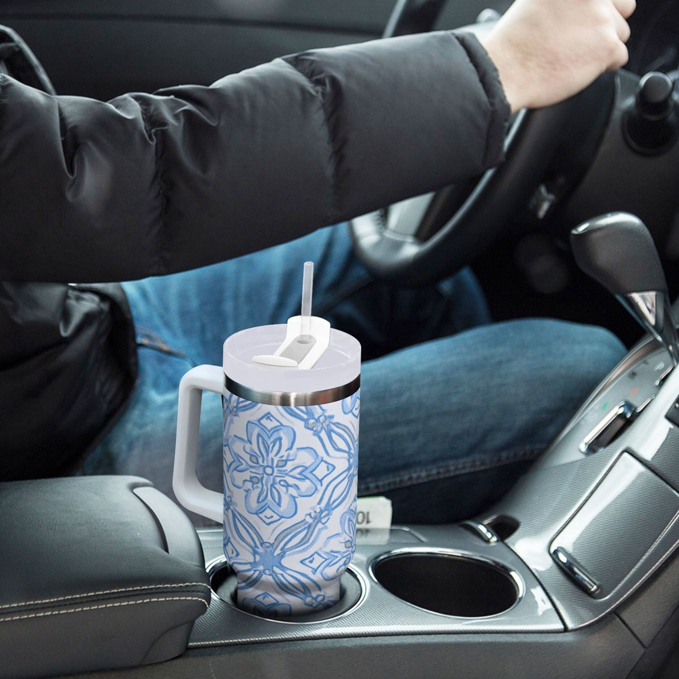 30 oz Insulated Stainless Steel Tumbler Double Wall Stainless Steel Tumbler with 2-Way Drinking Blue Elegant Geometric Design
