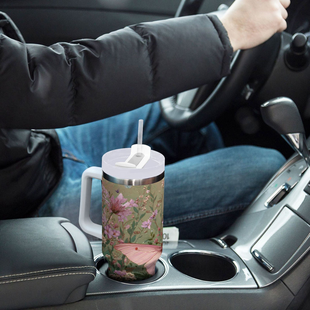 30 oz Insulated Stainless Steel Tumbler Double Wall Stainless Steel Tumbler with 2-Way Drinking Delicate Butterfly