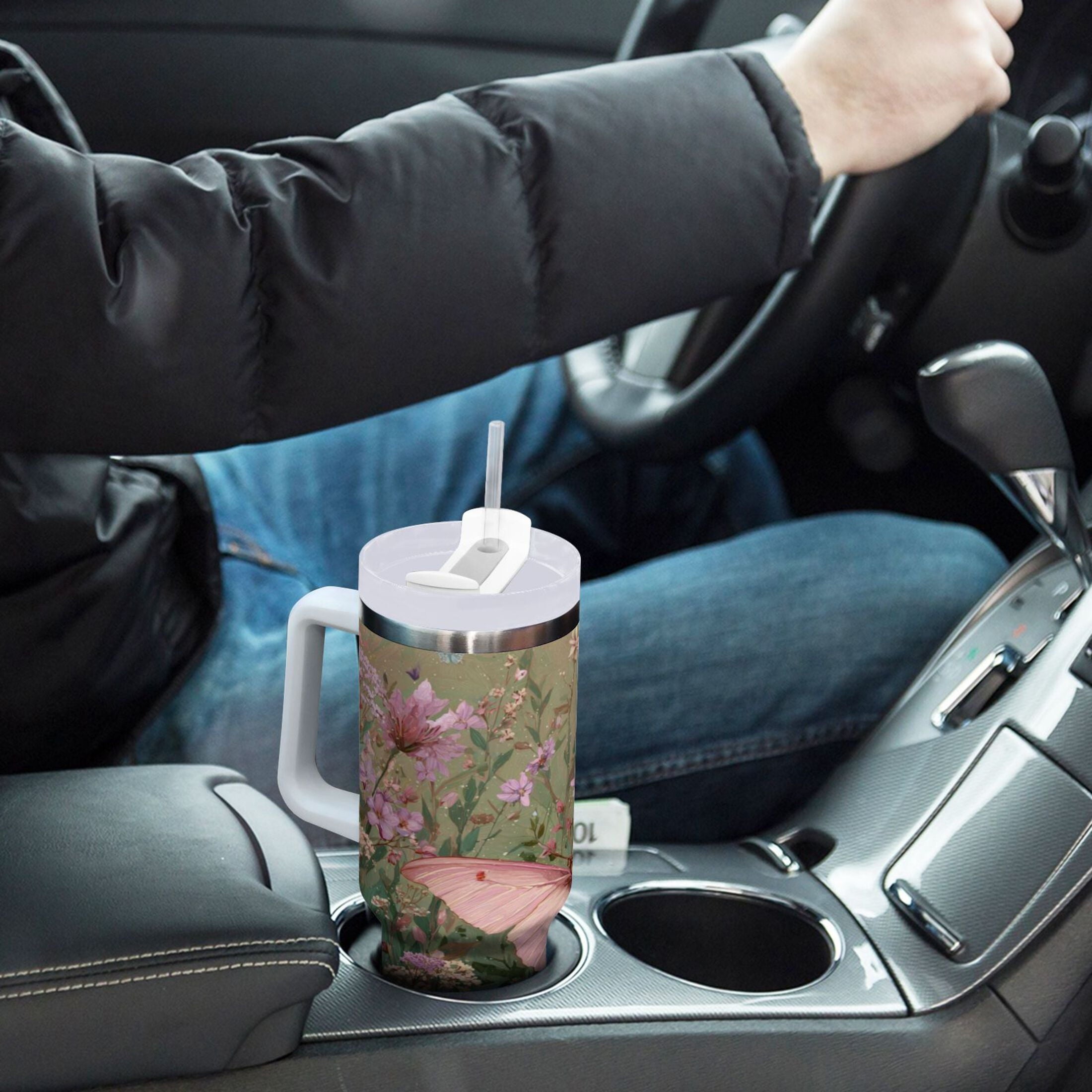 30 oz Insulated Stainless Steel Tumbler Double Wall Stainless Steel Tumbler with 2-Way Drinking Delicate Butterfly