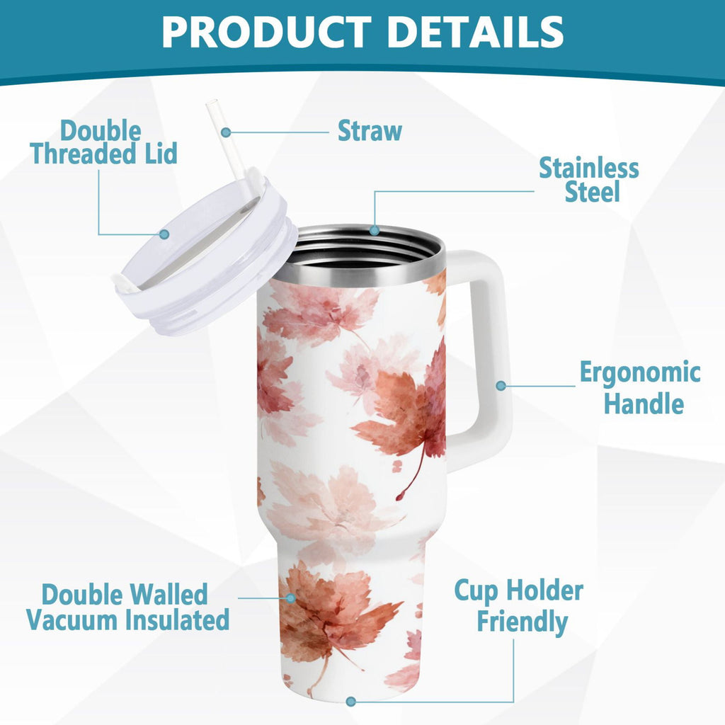 30 oz Insulated Stainless Steel Tumbler Double Wall Stainless Steel Tumbler with 2-Way Drinking Watercolor Pink Maple Leaves