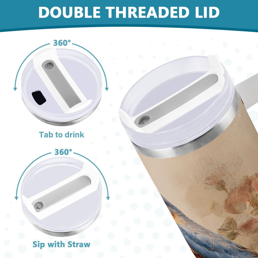 40 oz Insulated Stainless Steel Tumbler Double Wall Stainless Steel Tumbler with 2-Way Drinking Bluebird and Ancient Flowers