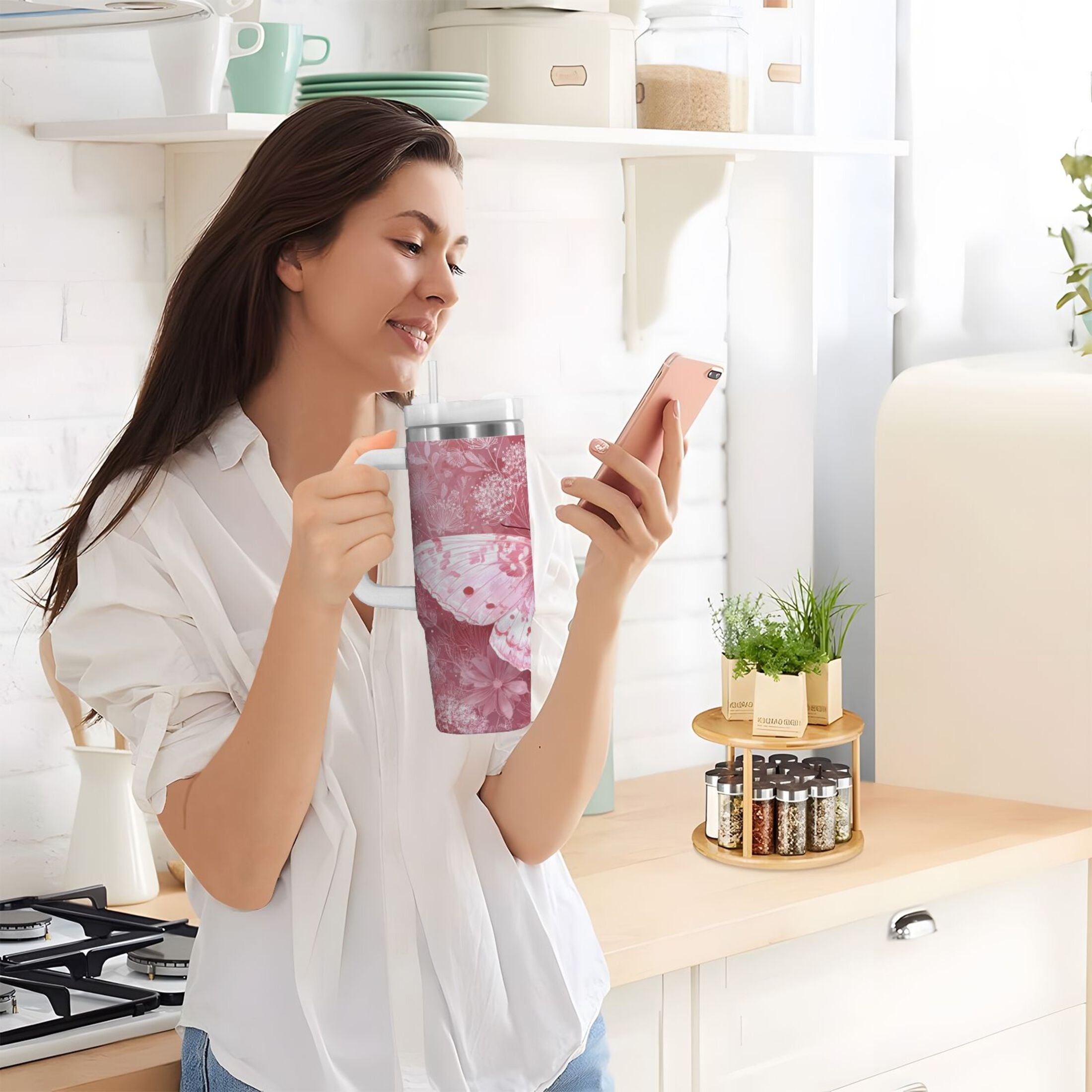 30 oz Insulated Stainless Steel Tumbler Double Wall Stainless Steel Tumbler with 2-Way Drinking Soft Pink Butterfly