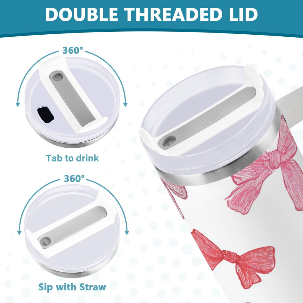 40 oz Insulated Stainless Steel Tumbler Double Wall Stainless Steel Tumbler with 2-Way Drinking Pink Bows Pattern