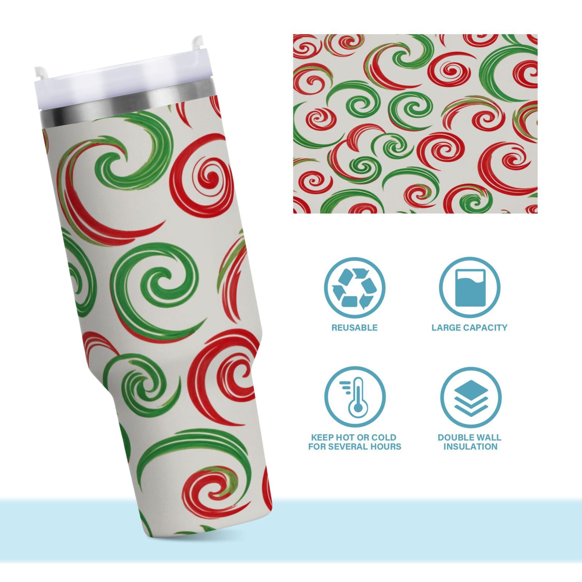 40 oz Insulated Stainless Steel Tumbler Double Wall Stainless Steel Tumbler with 2-Way Drinking Red and Green Swirls