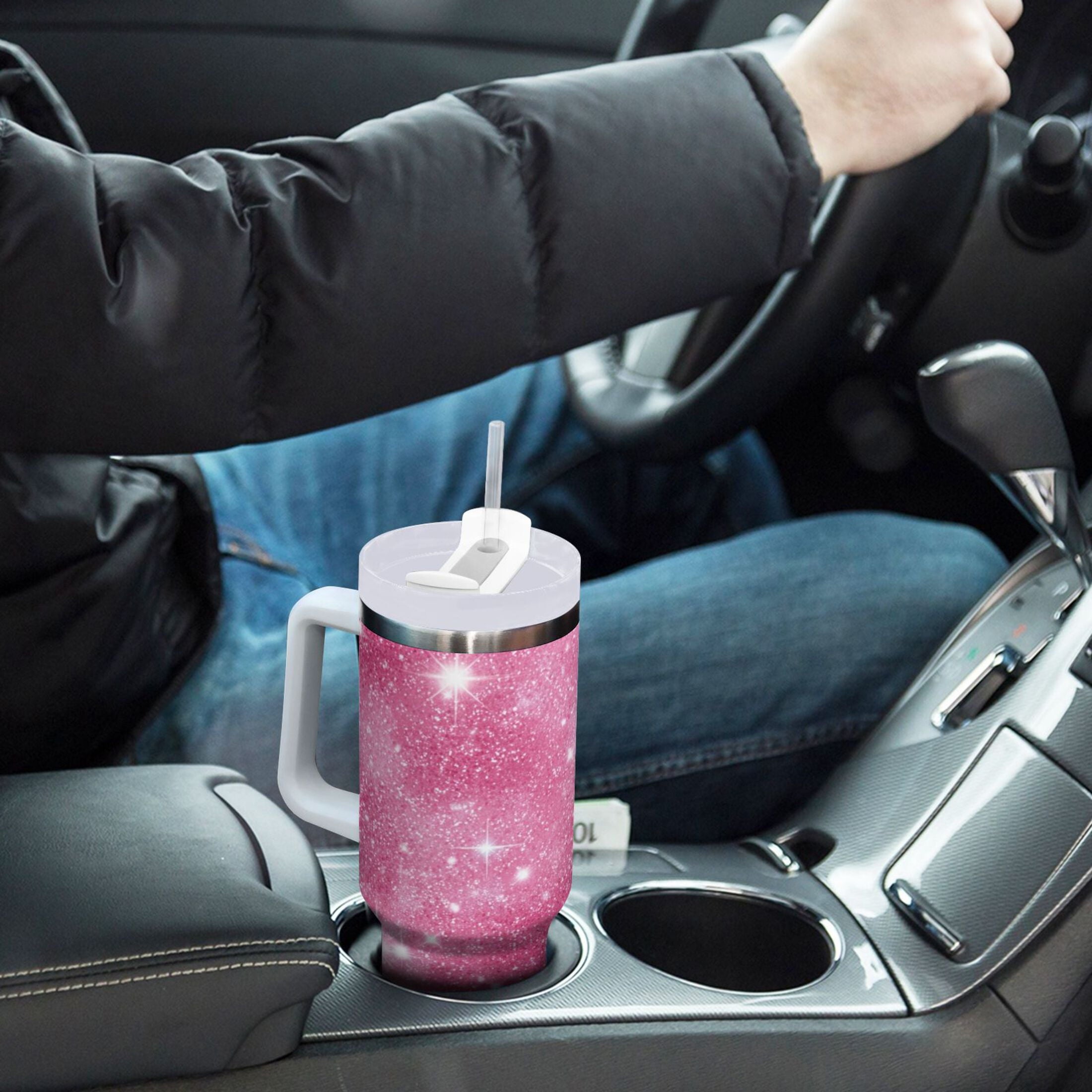 40 oz Insulated Stainless Steel Tumbler Double Wall Stainless Steel Tumbler with 2-Way Drinking Pink Glitter Background
