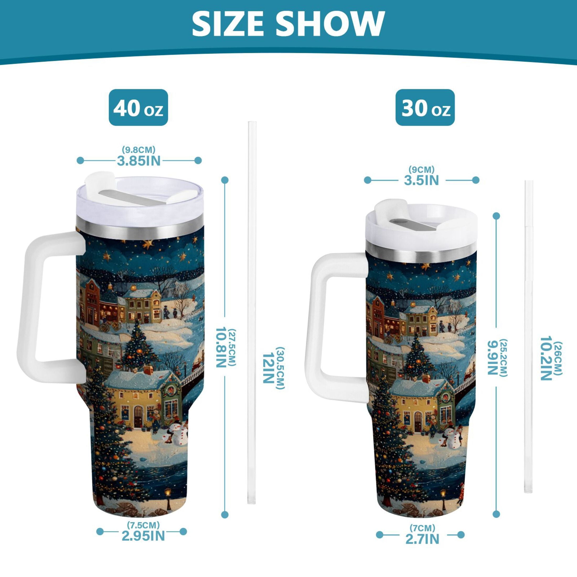 30 oz Insulated Stainless Steel Tumbler Double Wall Stainless Steel Tumbler with 2-Way Drinking Whimsical Christmas Scene
