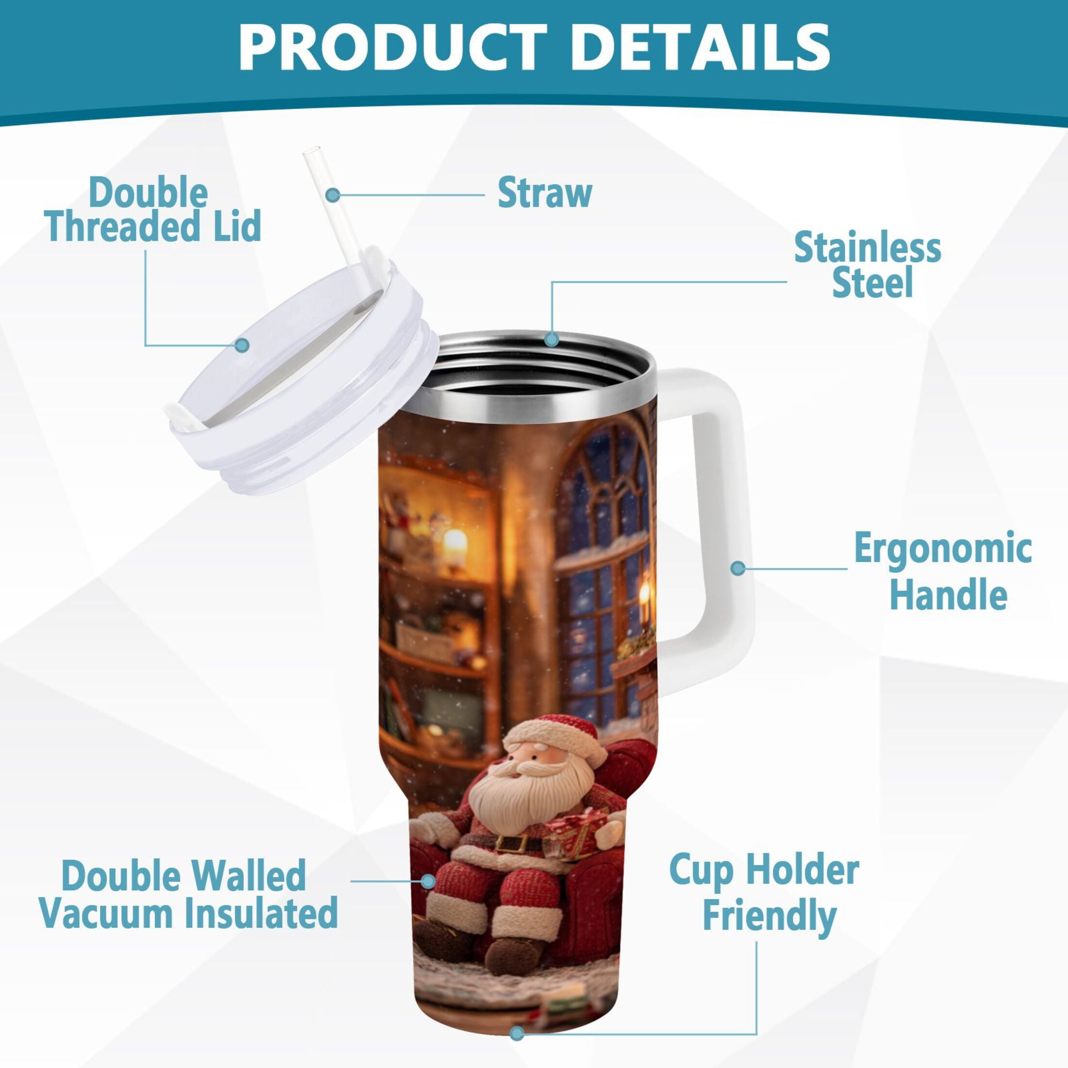 40 oz Insulated Stainless Steel Tumbler Double Wall Stainless Steel Tumbler with 2-Way Drinking Sitting Santa Claus