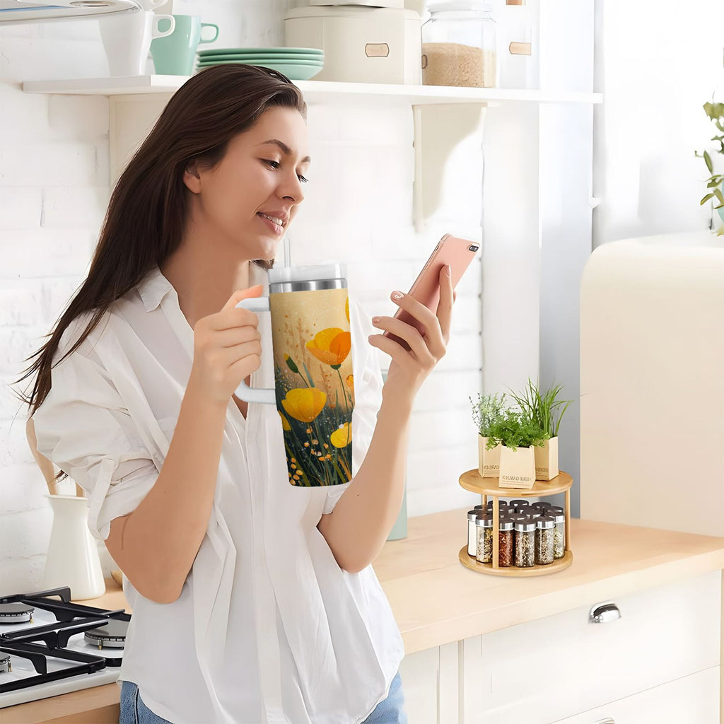30 oz Insulated Stainless Steel Tumbler Double Wall Stainless Steel Tumbler with 2-Way Drinking Yellow Flowers on The Grass