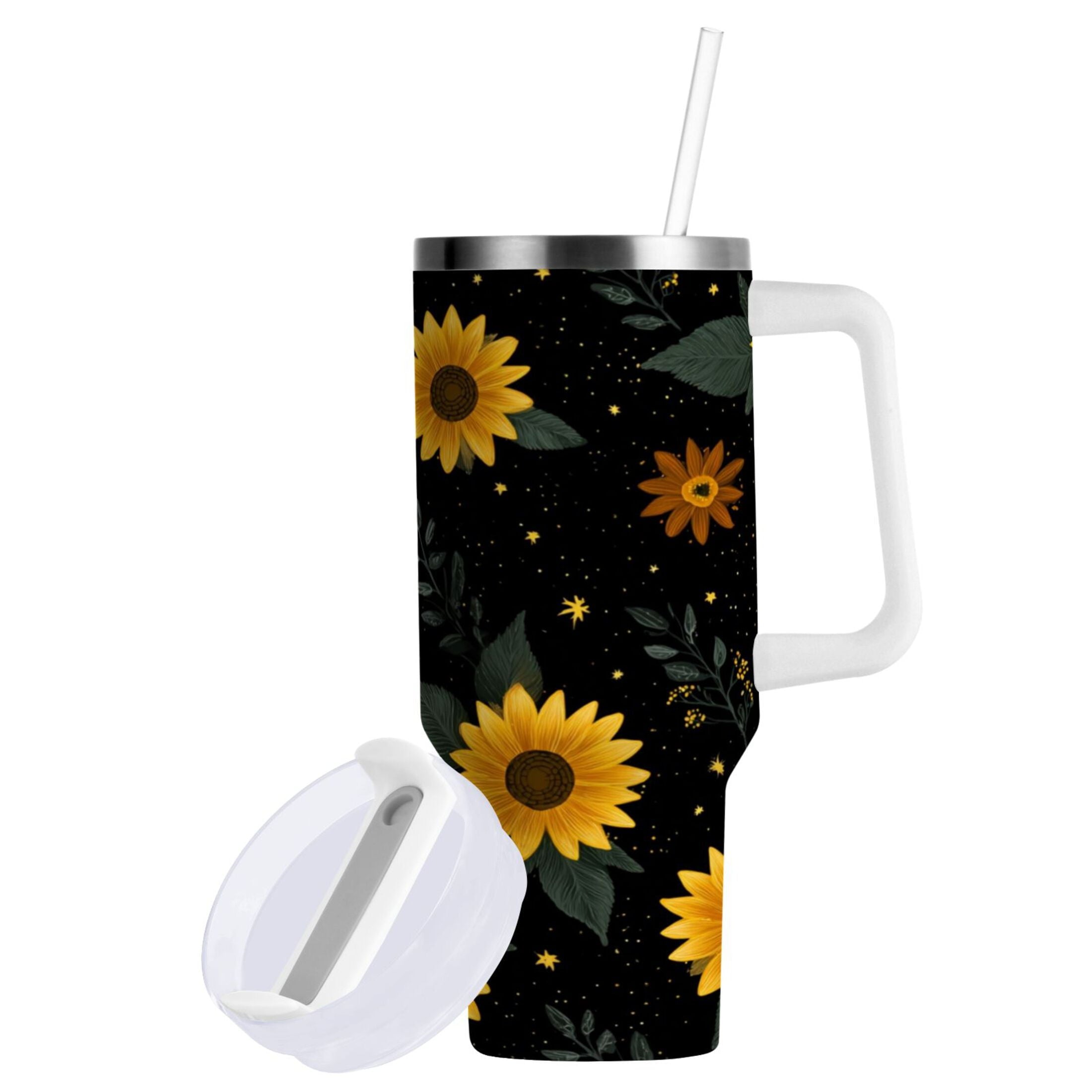 30 oz Insulated Stainless Steel Tumbler Double Wall Stainless Steel Tumbler with 2-Way Drinking Yellow Sunflower Pattern