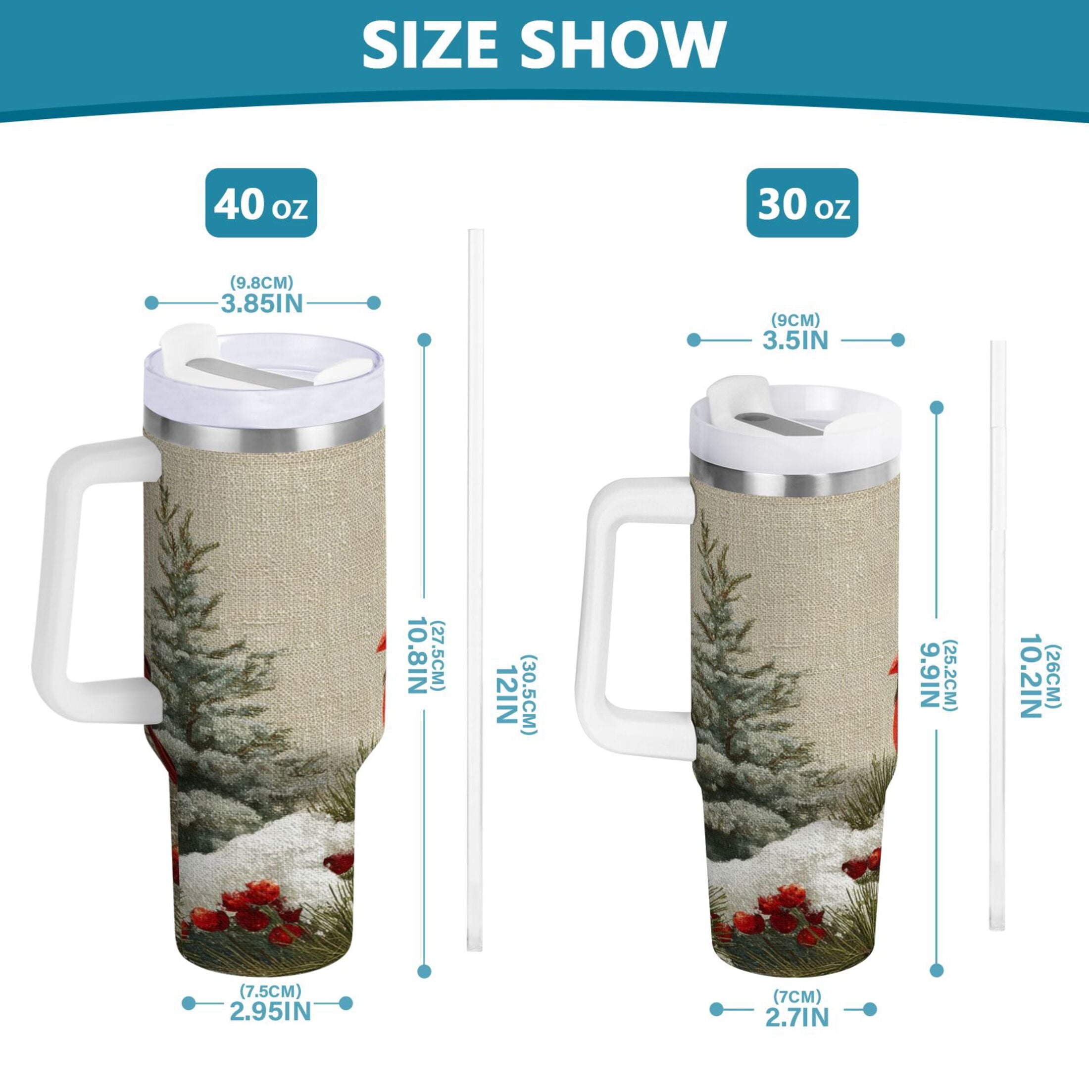 30 oz Insulated Stainless Steel Tumbler Double Wall Stainless Steel Tumbler with 2-Way Drinking Bird and Snow-covered Trees
