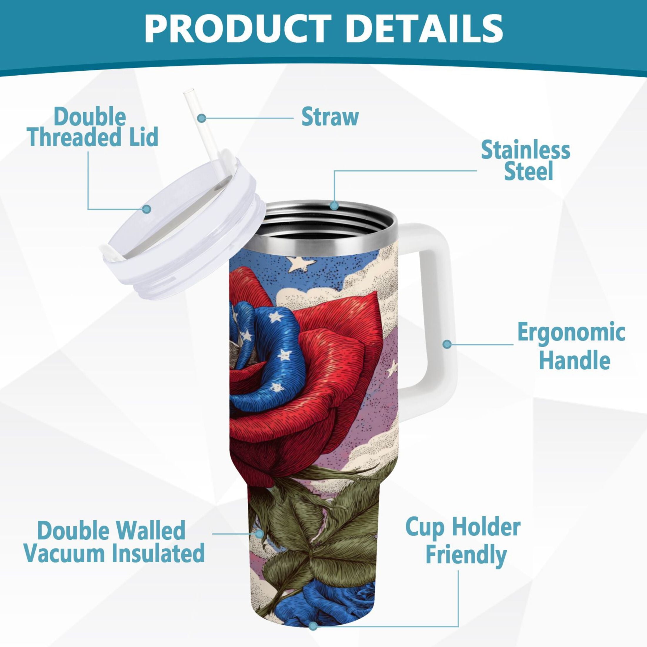 40 oz Insulated Stainless Steel Tumbler Double Wall Stainless Steel Tumbler with 2-Way Drinking Roses and Clouds