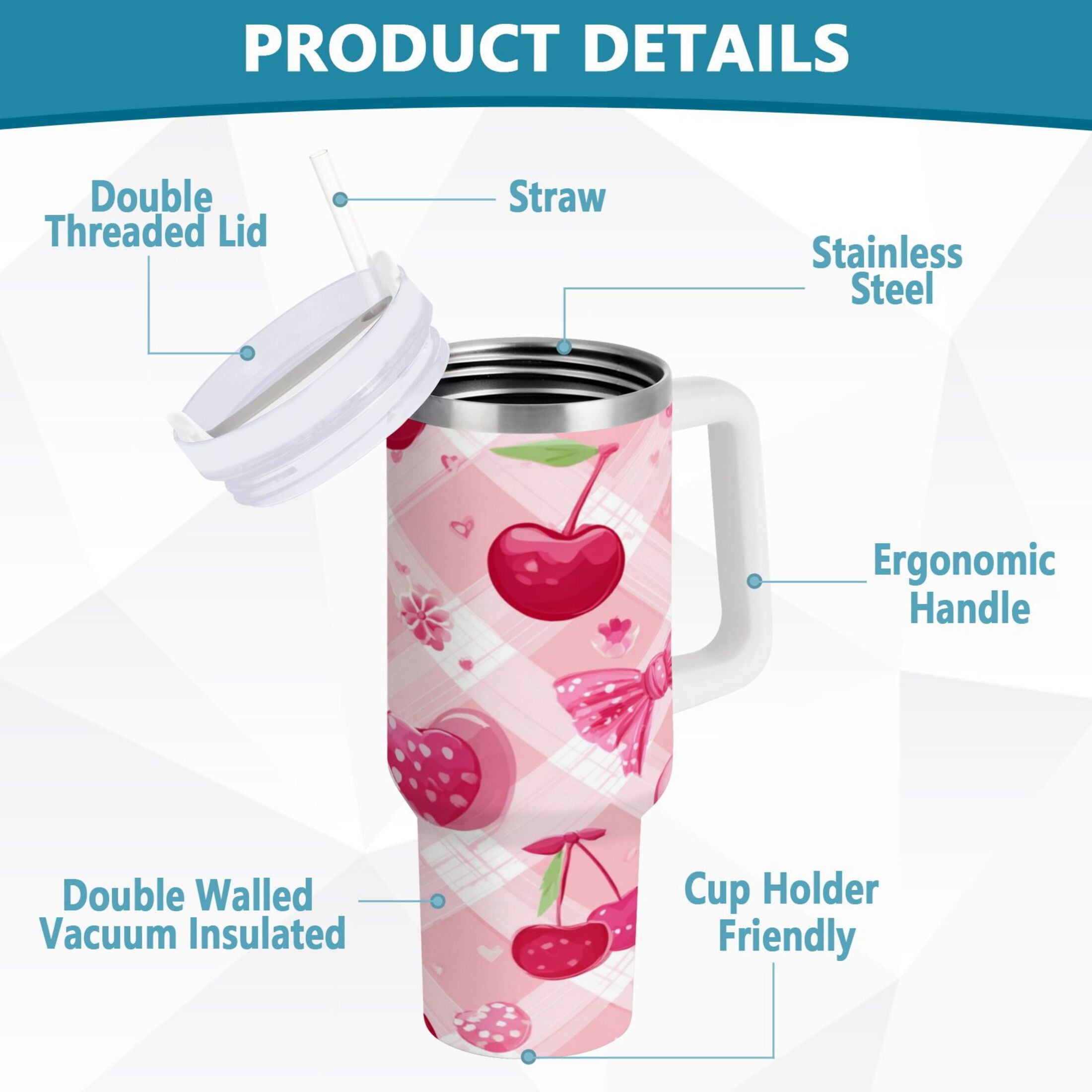 30 oz Insulated Stainless Steel Tumbler Double Wall Stainless Steel Tumbler with 2-Way Drinking Cherry and Pink Bow Pattern