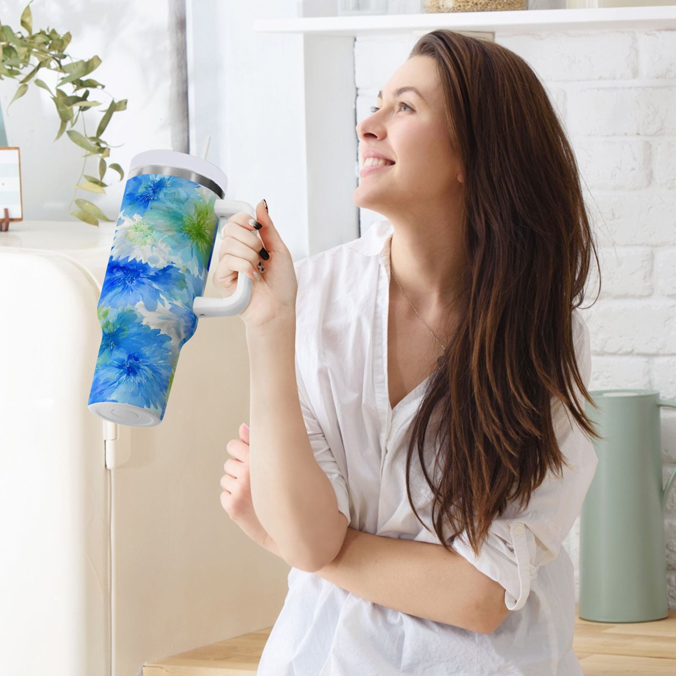 40 oz Insulated Stainless Steel Tumbler Double Wall Stainless Steel Tumbler with 2-Way Drinking Watercolor Blue Cornflowers