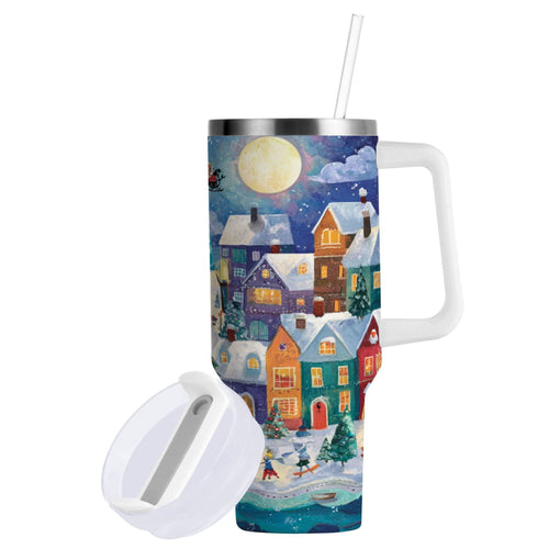 30 oz Insulated Stainless Steel Tumbler Double Wall Stainless Steel Tumbler with 2-Way Drinking Charming Christmas Scene