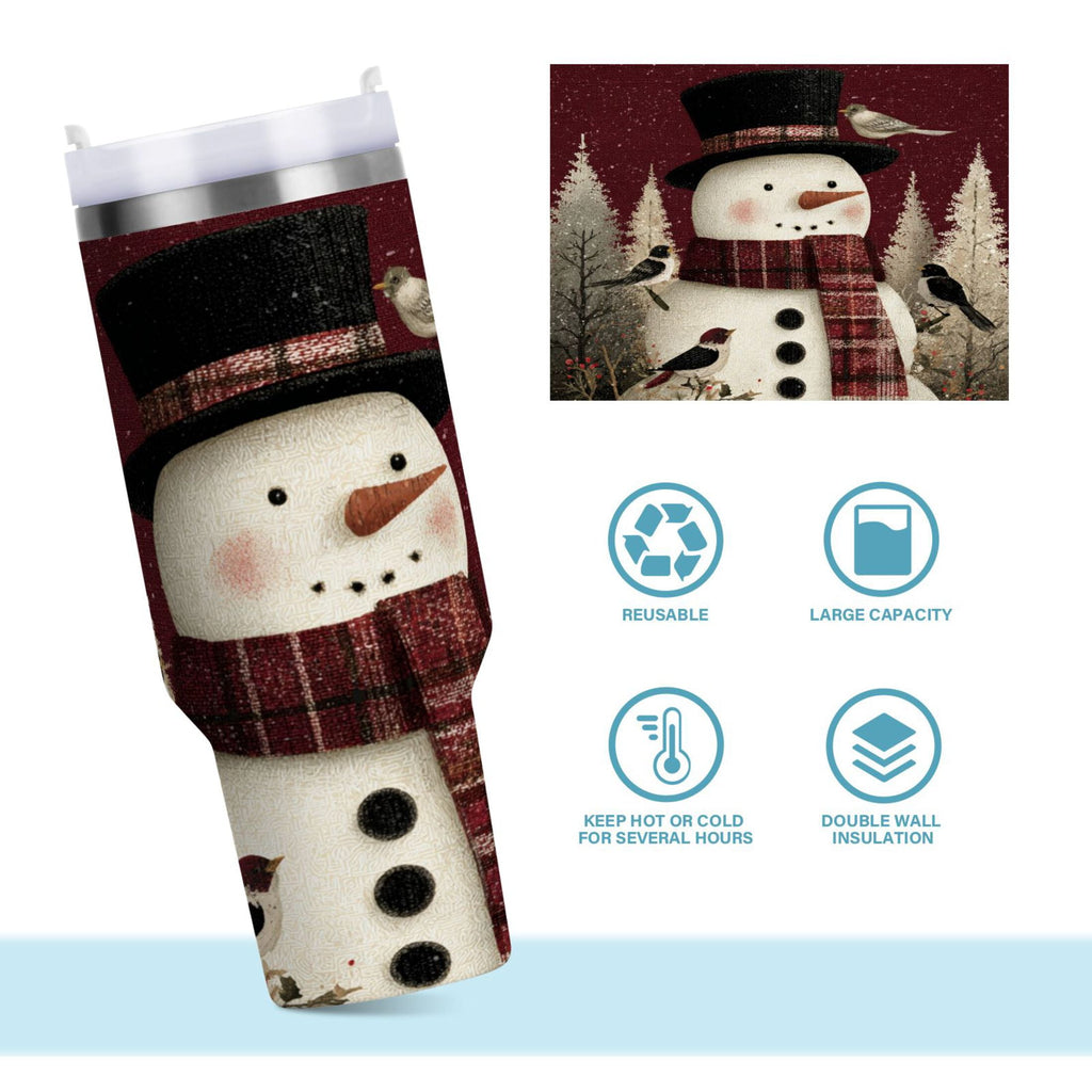 30 oz Insulated Stainless Steel Tumbler Double Wall Stainless Steel Tumbler with 2-Way Drinking Snowman and Birds