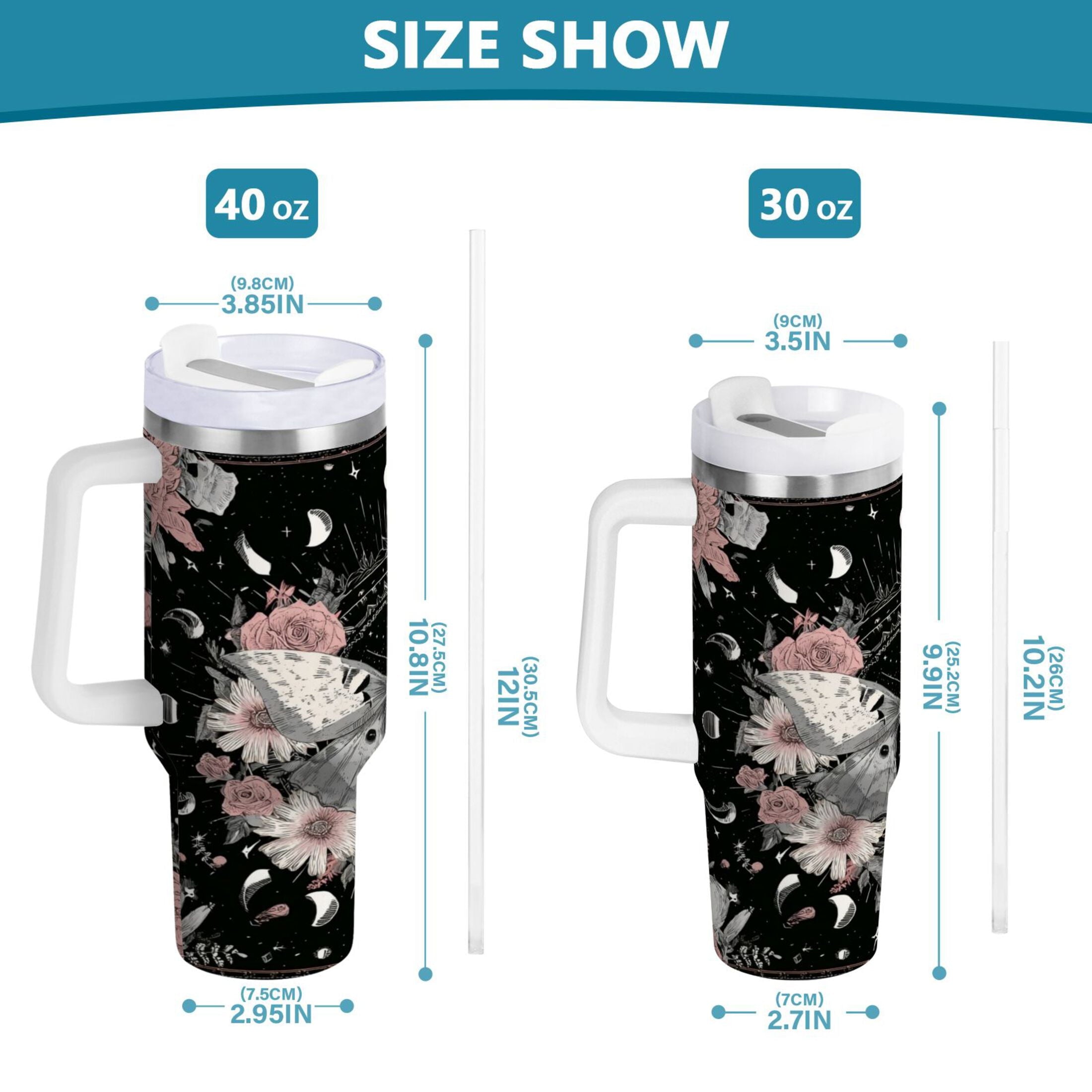 40 oz Insulated Stainless Steel Tumbler Double Wall Stainless Steel Tumbler with 2-Way Drinking Butterfly Surrounded by Flowers