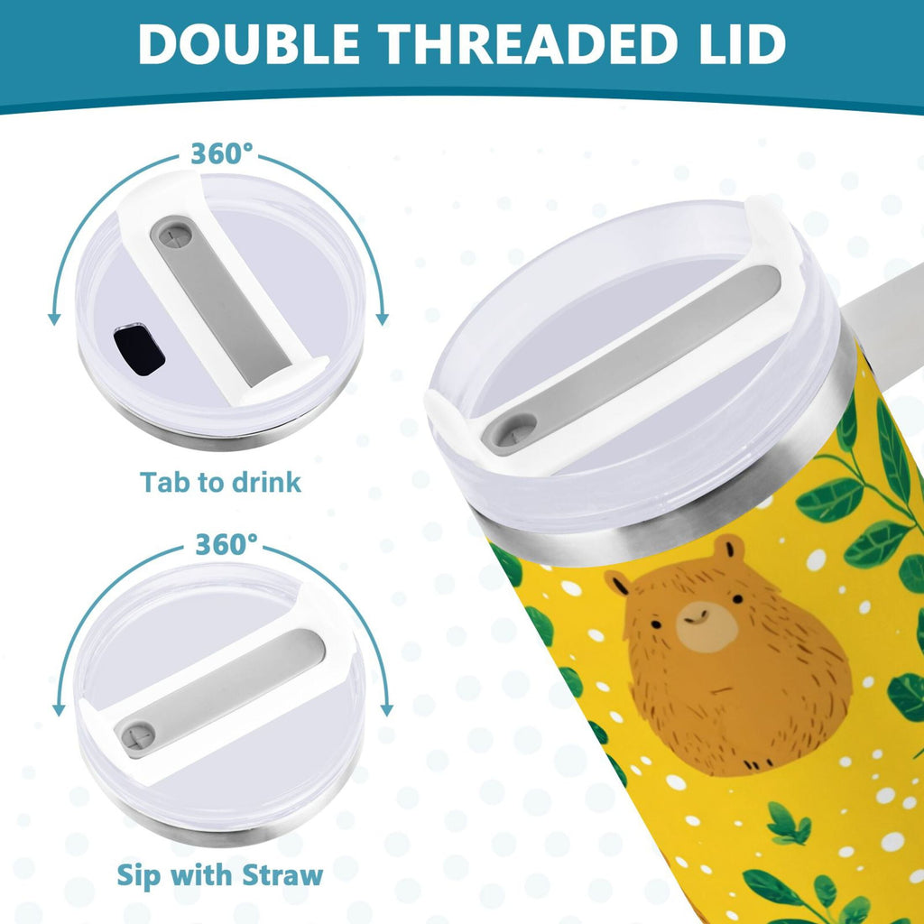 30 oz Insulated Stainless Steel Tumbler Double Wall Stainless Steel Tumbler with 2-Way Drinking Capybara and Green Leaves