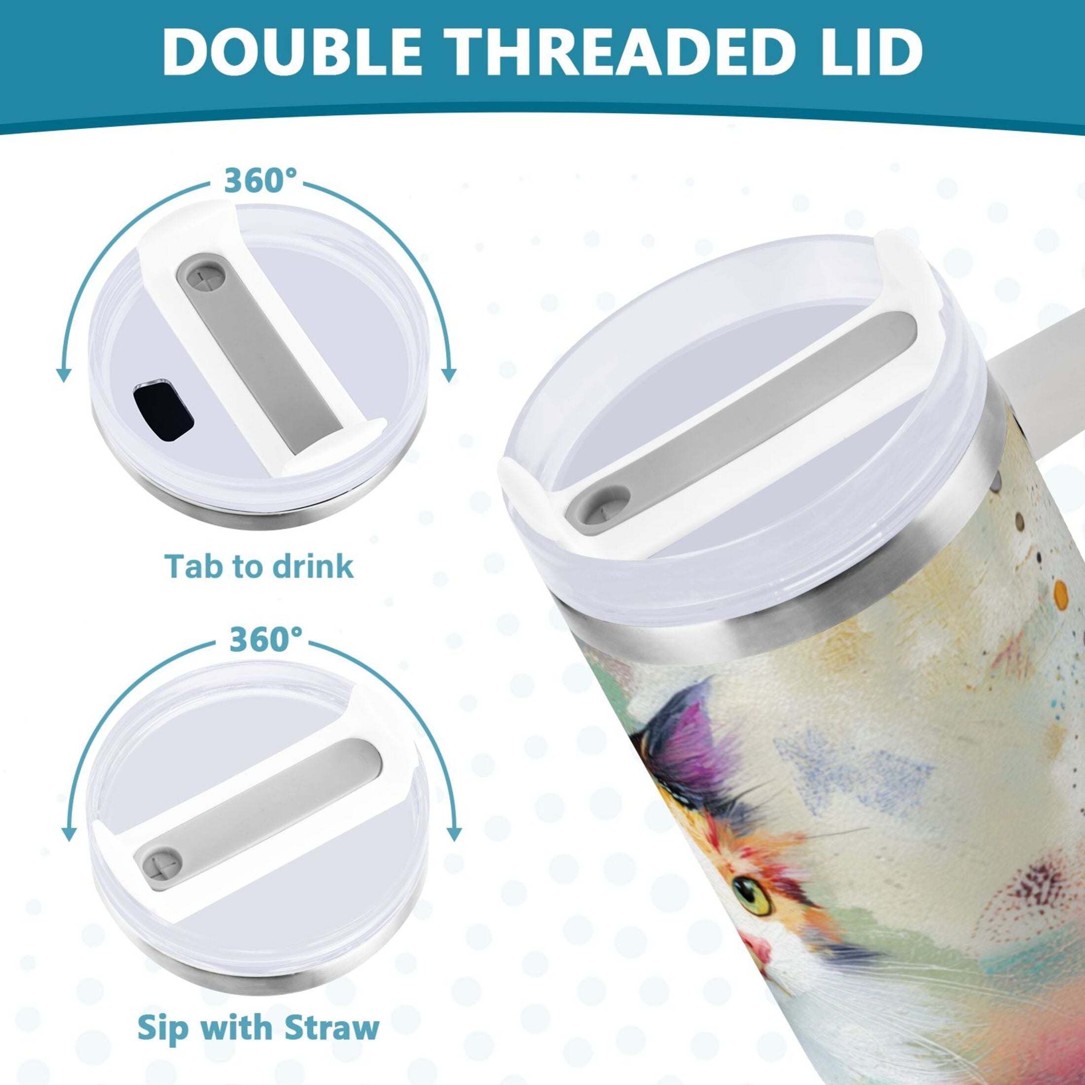 30 oz Insulated Stainless Steel Tumbler Double Wall Stainless Steel Tumbler with 2-Way Drinking Charming Hairy Cat