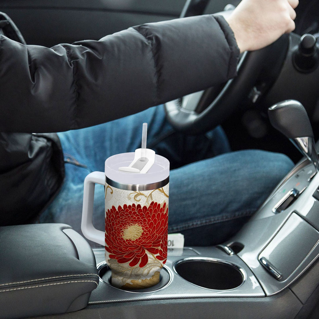 30 oz Insulated Stainless Steel Tumbler Double Wall Stainless Steel Tumbler with 2-Way Drinking Red Chrysanthemum Pattern