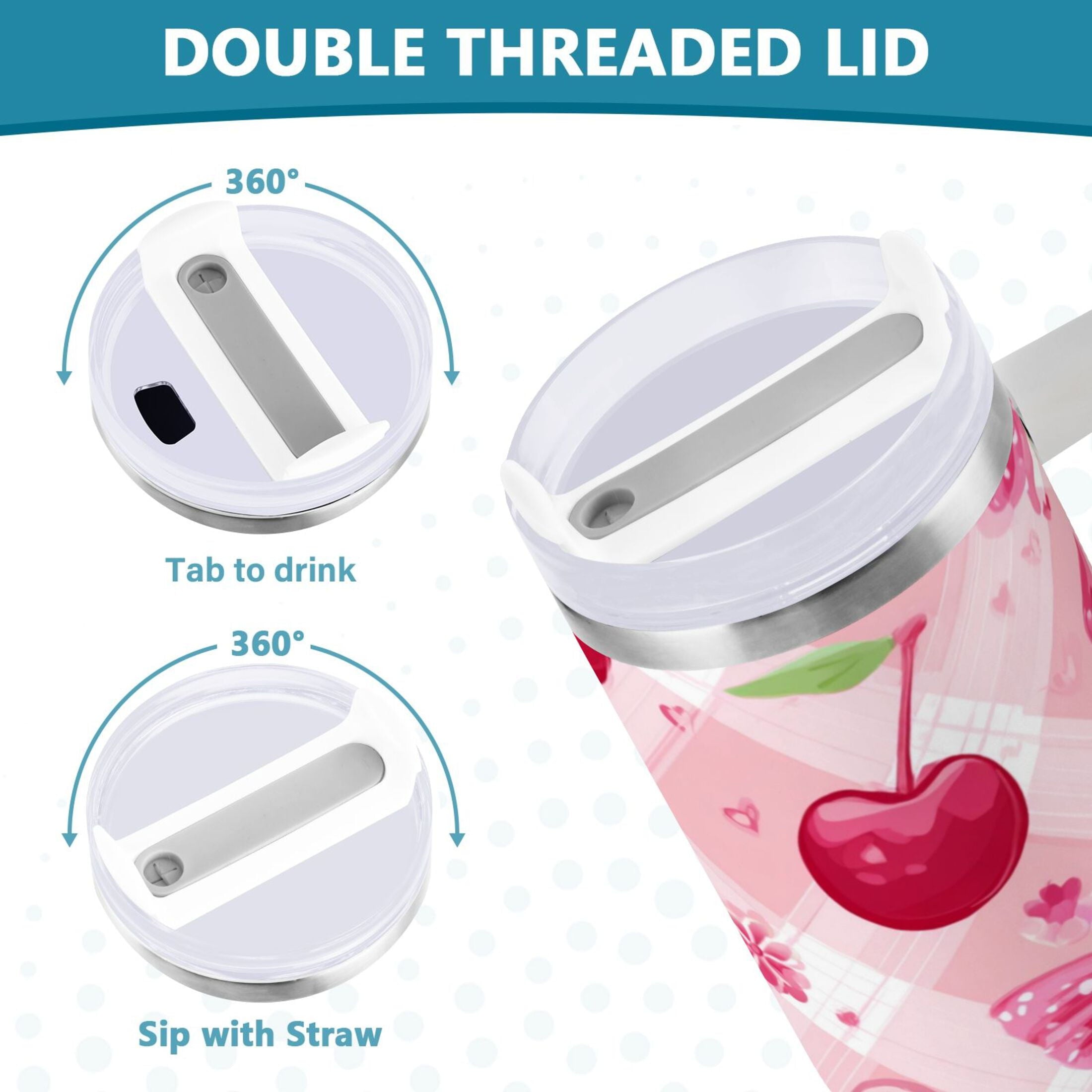 30 oz Insulated Stainless Steel Tumbler Double Wall Stainless Steel Tumbler with 2-Way Drinking Cherry and Pink Bow Pattern