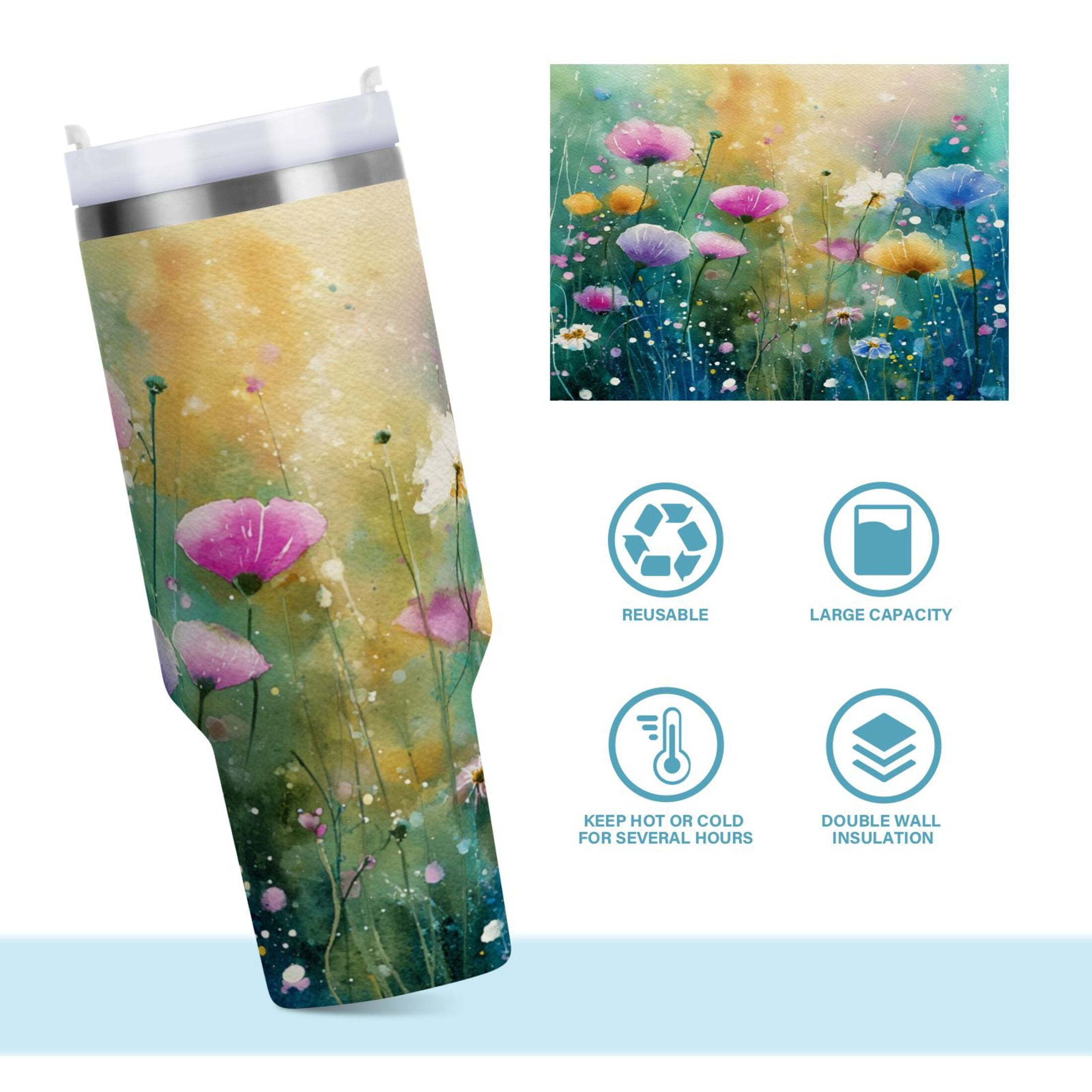 30 oz Insulated Stainless Steel Tumbler Double Wall Stainless Steel Tumbler with 2-Way Drinking Watercolor Wildflowers