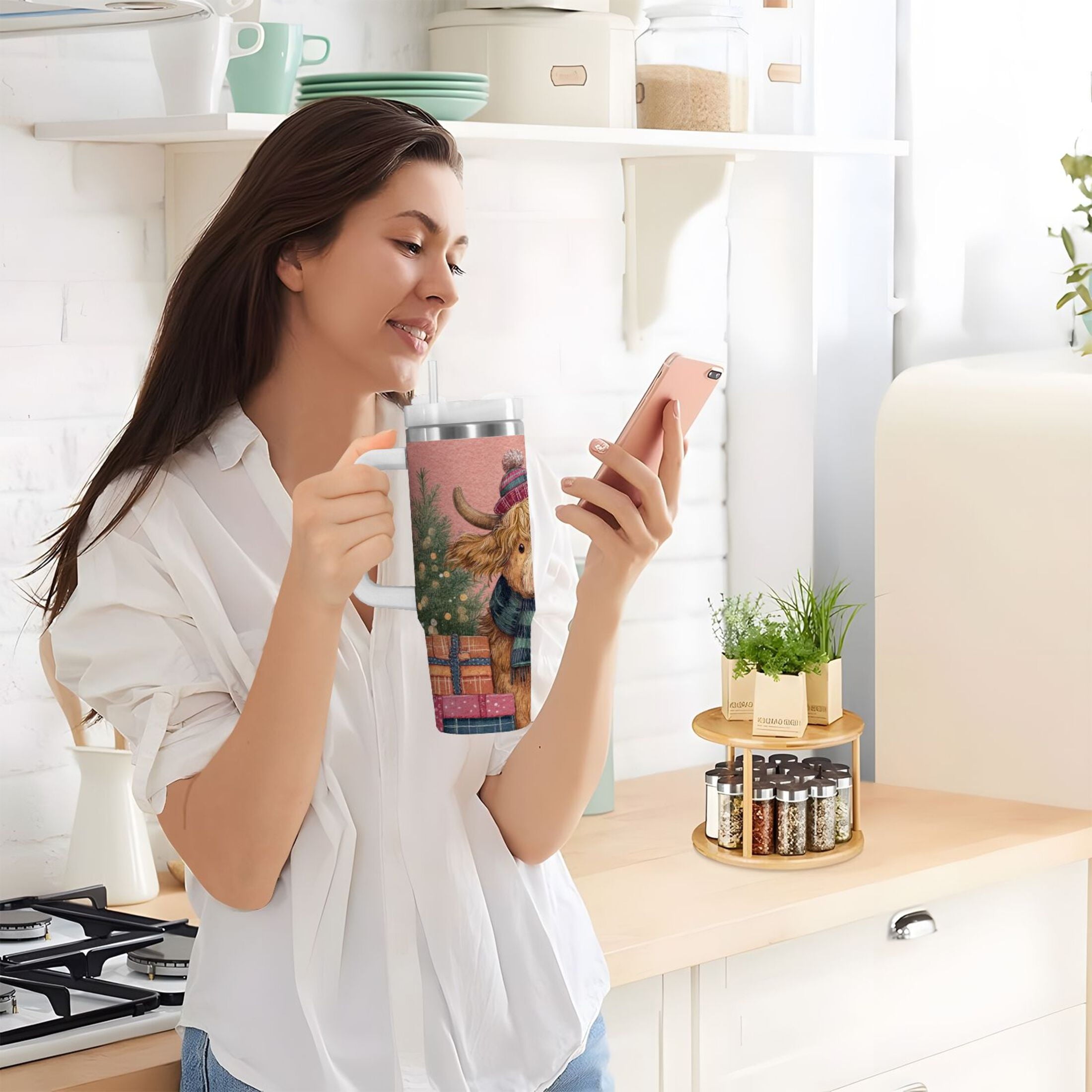 30 oz Insulated Stainless Steel Tumbler Double Wall Stainless Steel Tumbler with 2-Way Drinking Cow Wearing Scarf and Hat