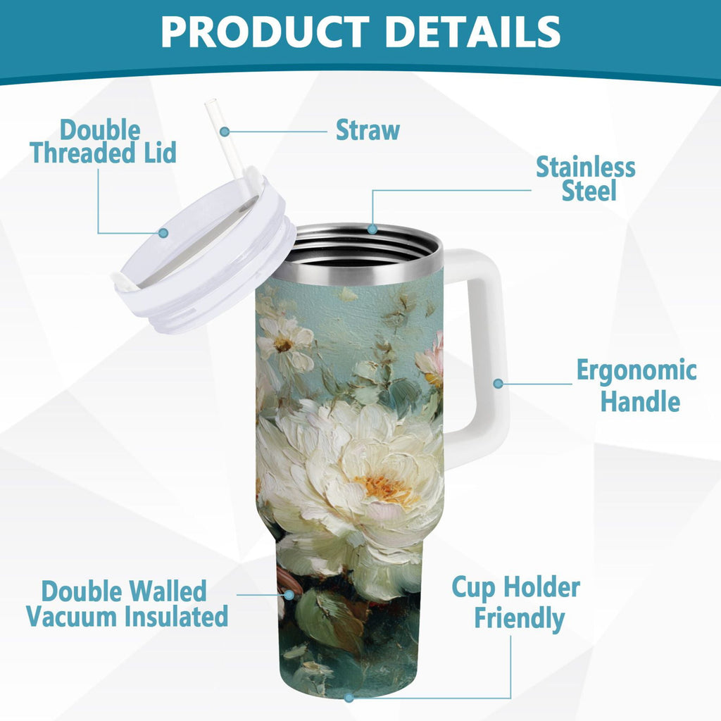 40 oz Insulated Stainless Steel Tumbler Double Wall Stainless Steel Tumbler with 2-Way Drinking Vintage Peonies and Daisies