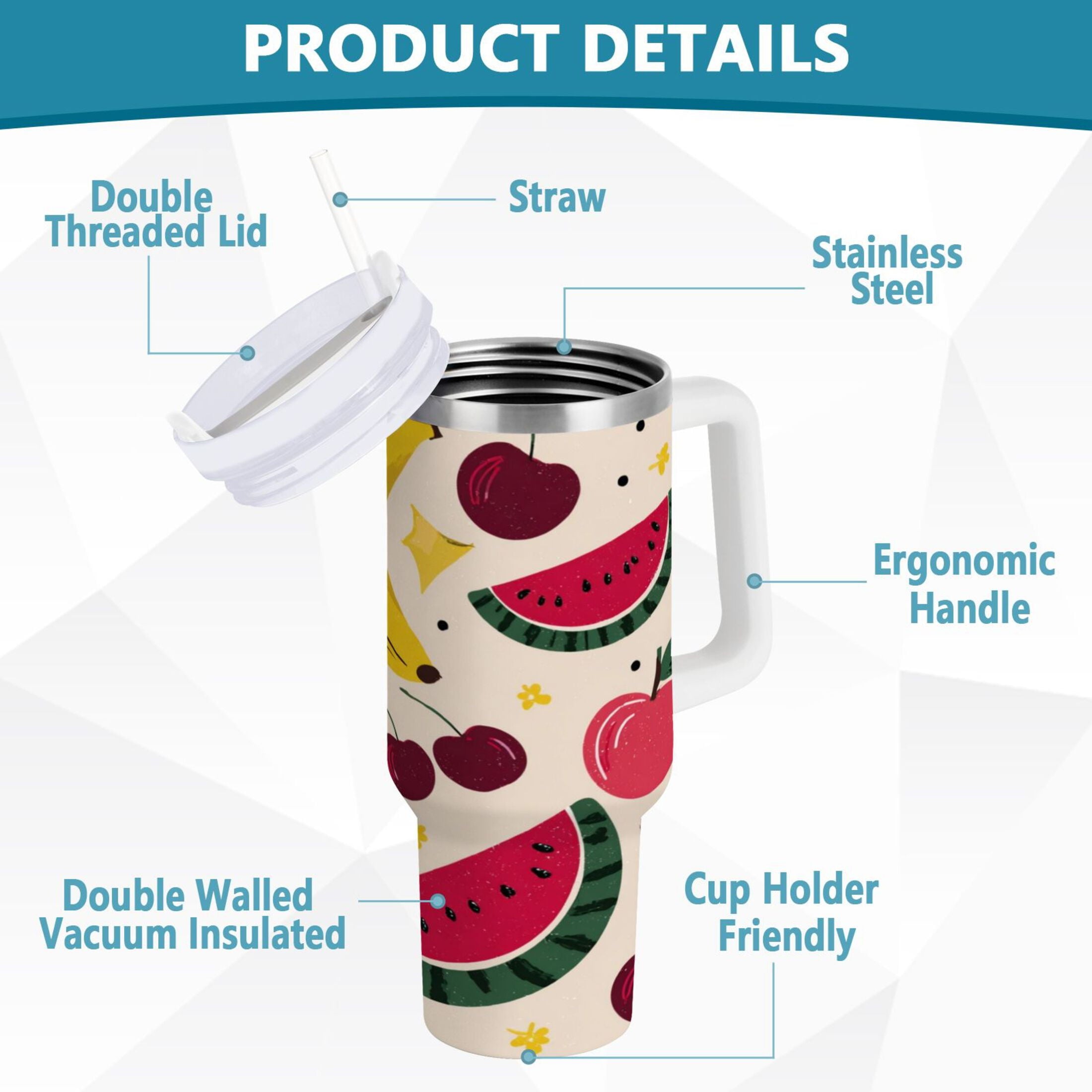 30 oz Insulated Stainless Steel Tumbler Double Wall Stainless Steel Tumbler with 2-Way Drinking Watermelon and Cherries