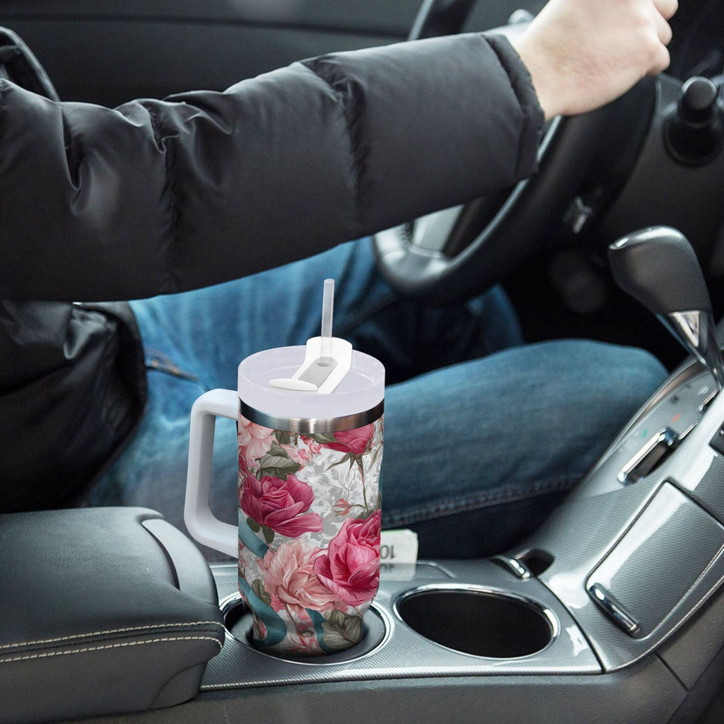 30 oz Insulated Stainless Steel Tumbler Double Wall Stainless Steel Tumbler with 2-Way Drinking Roses and Ribbons