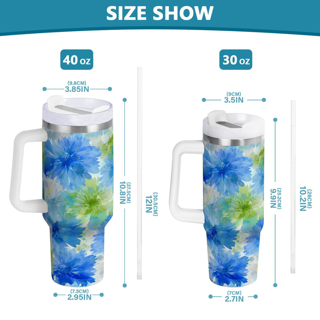 40 oz Insulated Stainless Steel Tumbler Double Wall Stainless Steel Tumbler with 2-Way Drinking Watercolor Blue Cornflowers