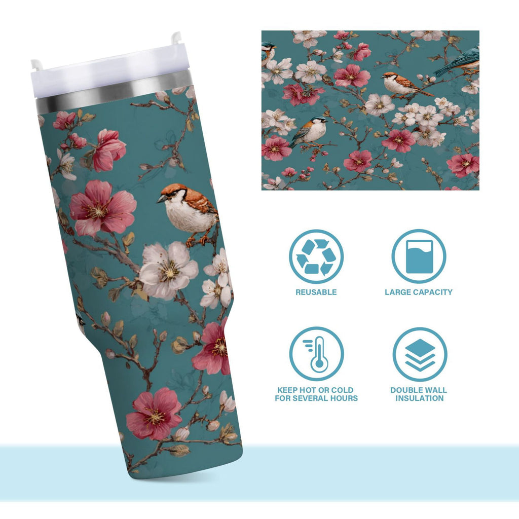 30 oz Insulated Stainless Steel Tumbler Double Wall Stainless Steel Tumbler with 2-Way Drinking Birds and Cherry Pattern