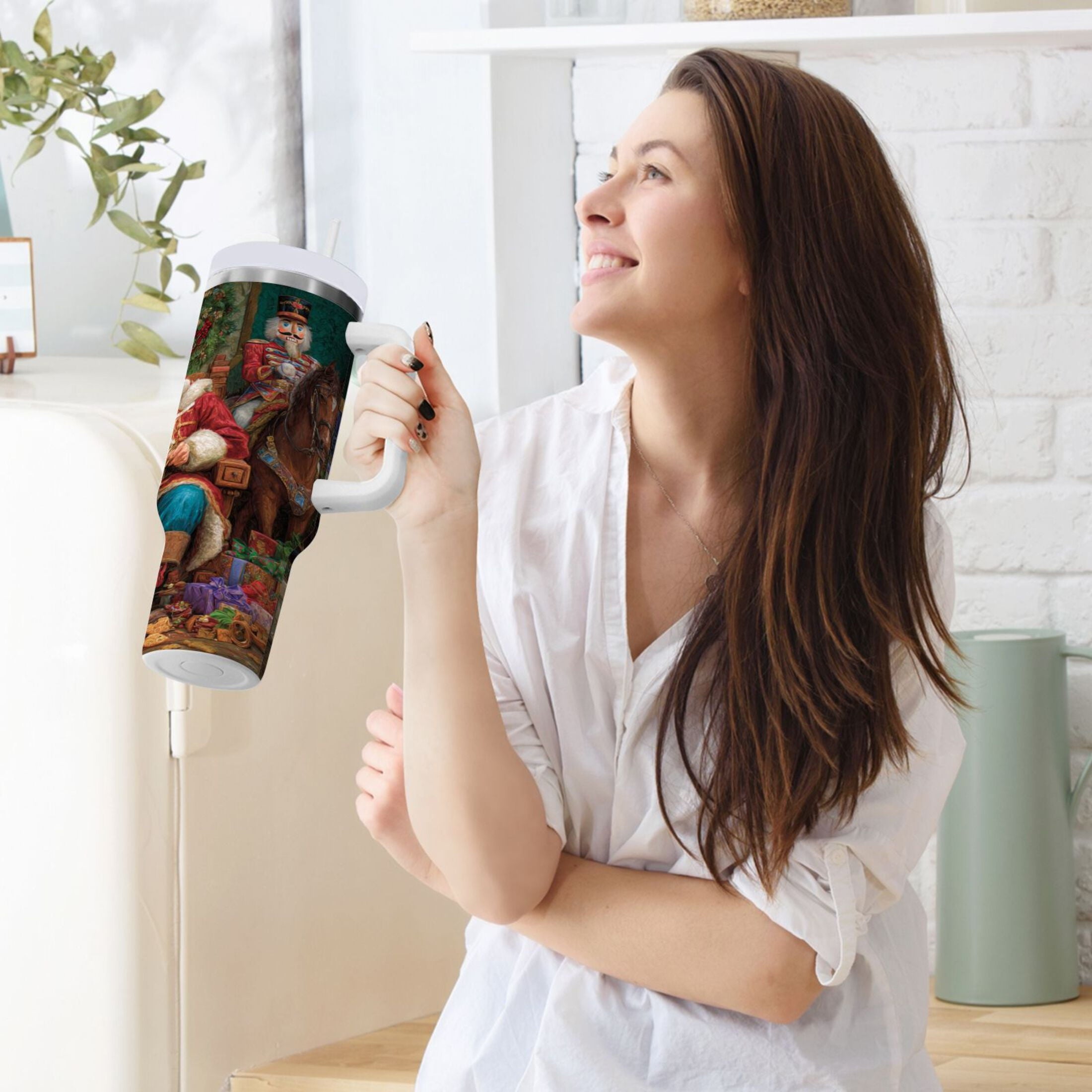 40 oz Insulated Stainless Steel Tumbler Double Wall Stainless Steel Tumbler with 2-Way Drinking Santa Eating Cookies