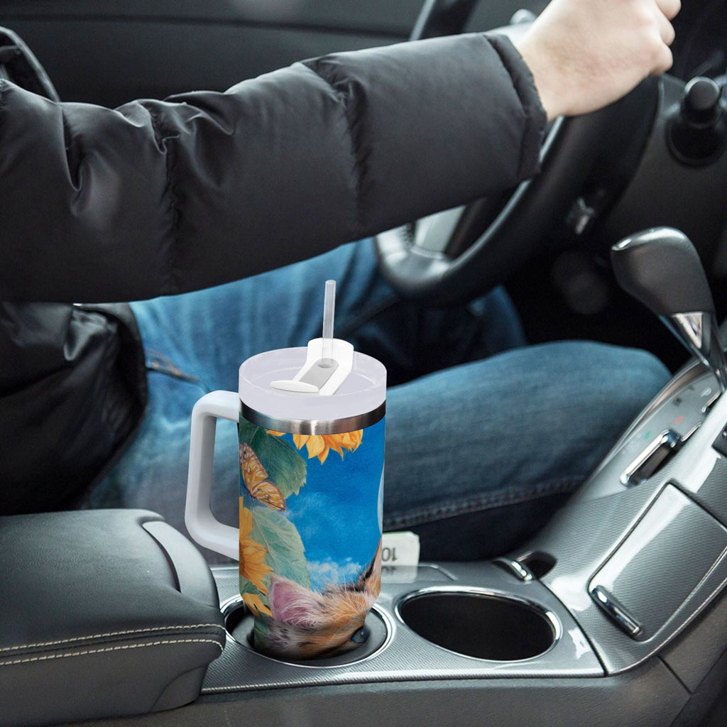 40 oz Insulated Stainless Steel Tumbler Double Wall Stainless Steel Tumbler with 2-Way Drinking Playful Cat Lying Sunflowers