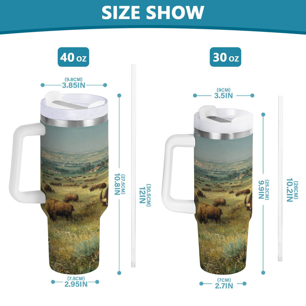 30 oz Insulated Stainless Steel Tumbler Double Wall Stainless Steel Tumbler with 2-Way Drinking Buffalo Herd Oil Painting
